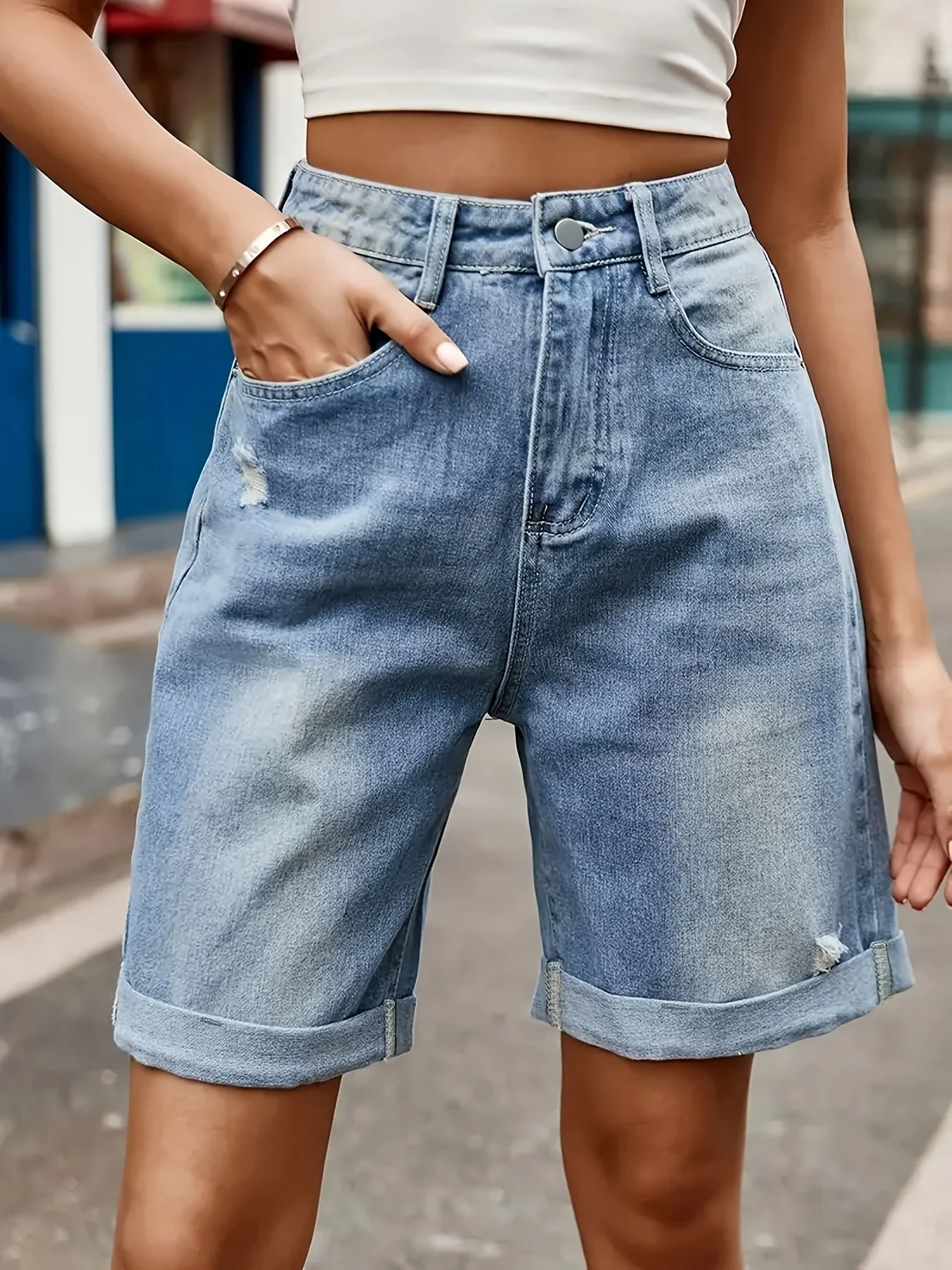 Damen High Waist Jeans Bermudashorts im Casual Look für Sommer