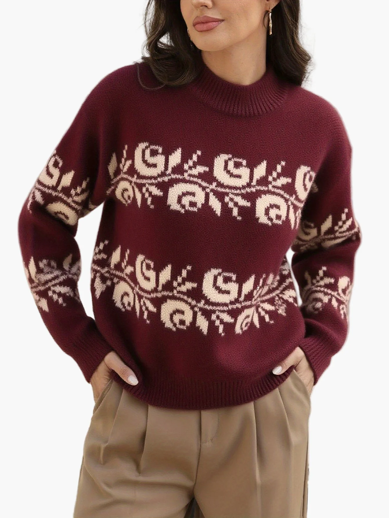 Damen Jacquard Pullover mit Blumenmuster – Eleganter Herbst/Winter Strickpullover - Image 2