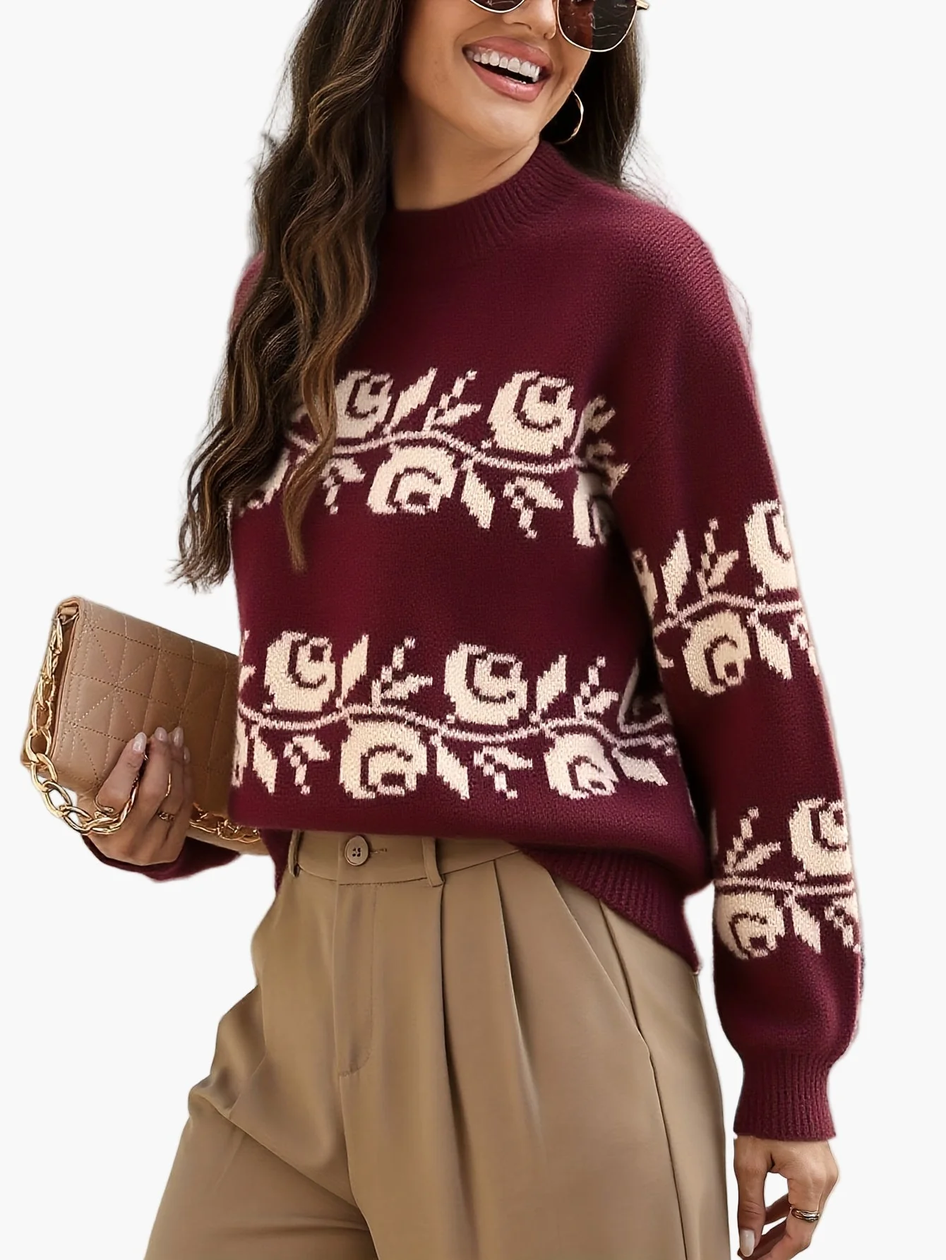 Damen Jacquard Pullover mit Blumenmuster – Eleganter Herbst/Winter Strickpullover - Image 3