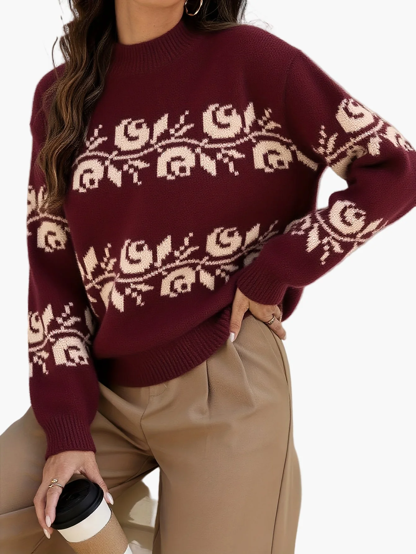Damen Jacquard Pullover mit Blumenmuster – Eleganter Herbst/Winter Strickpullover - Image 4