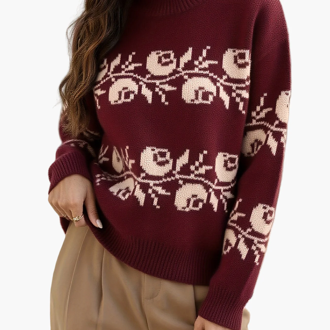 Damen Jacquard Pullover mit Blumenmuster – Eleganter Herbst/Winter Strickpullover - Image 6