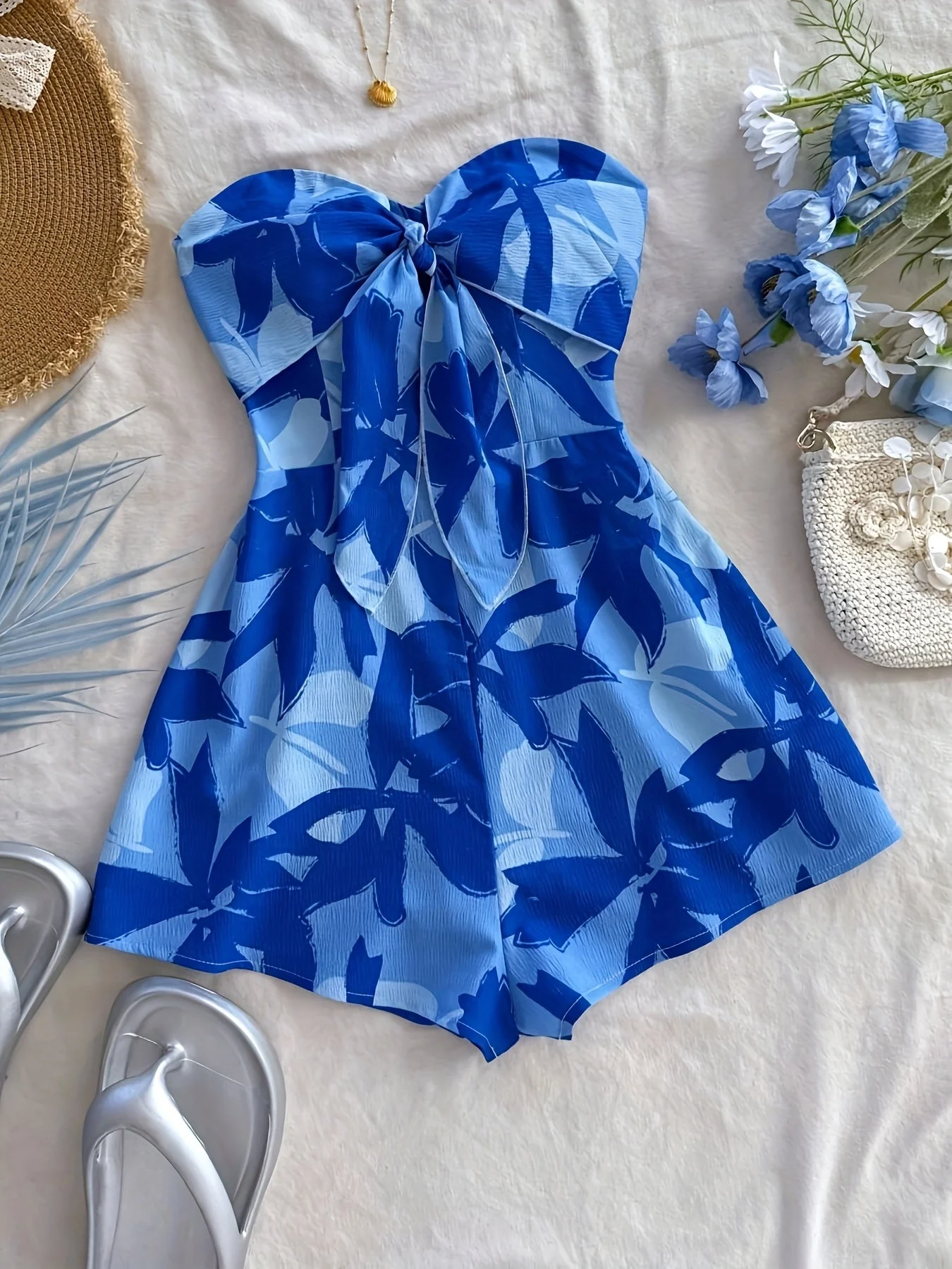 Damen Jumpsuit Bandeau Sommer Playsuit mit Blumenmuster und Schleifendetail – Perfekt für Urlaub und Freizeit