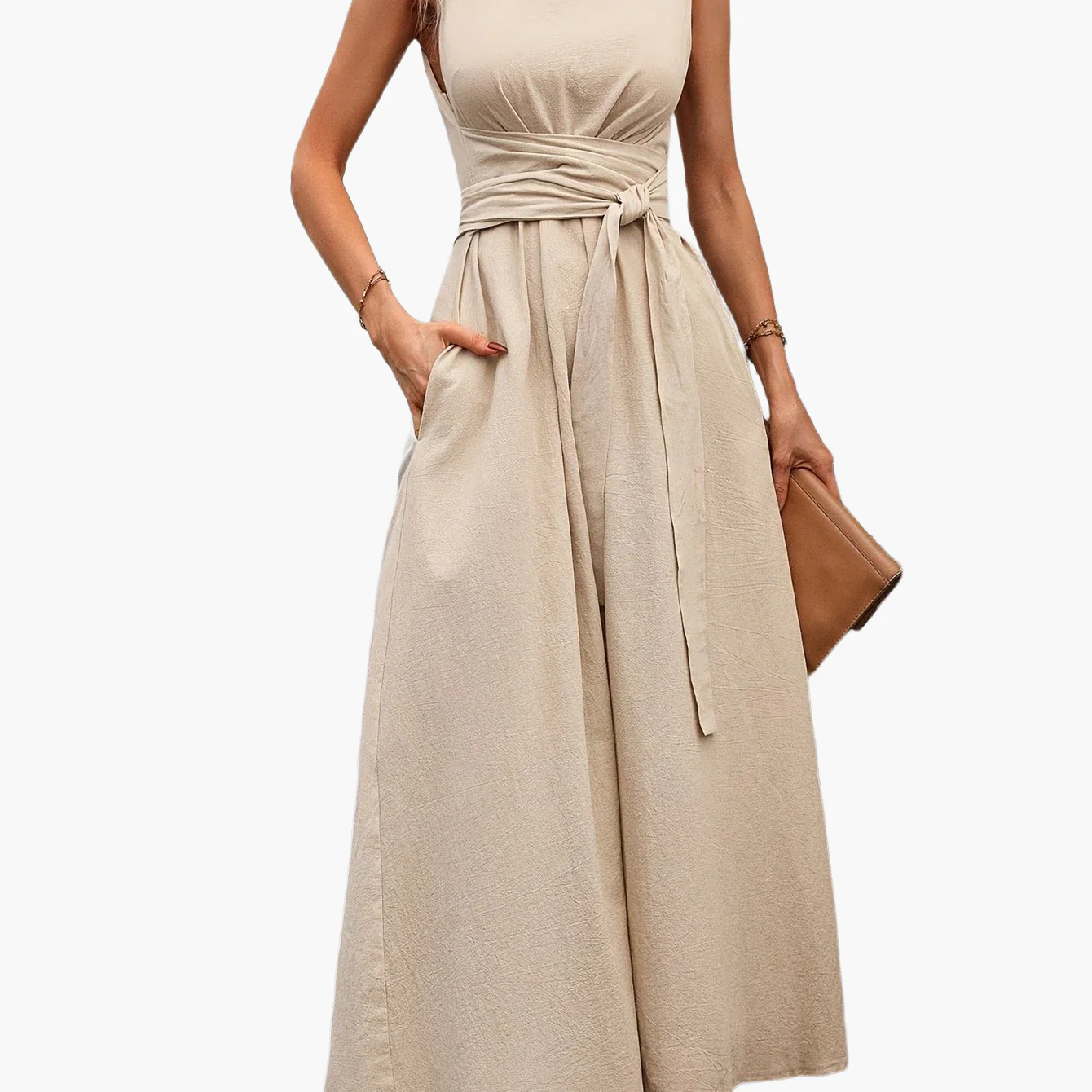 Damen Jumpsuit Elegant Ärmellos mit Bindegürtel und weitem Bein – Perfekt für Sommer und Freizeit - Image 16