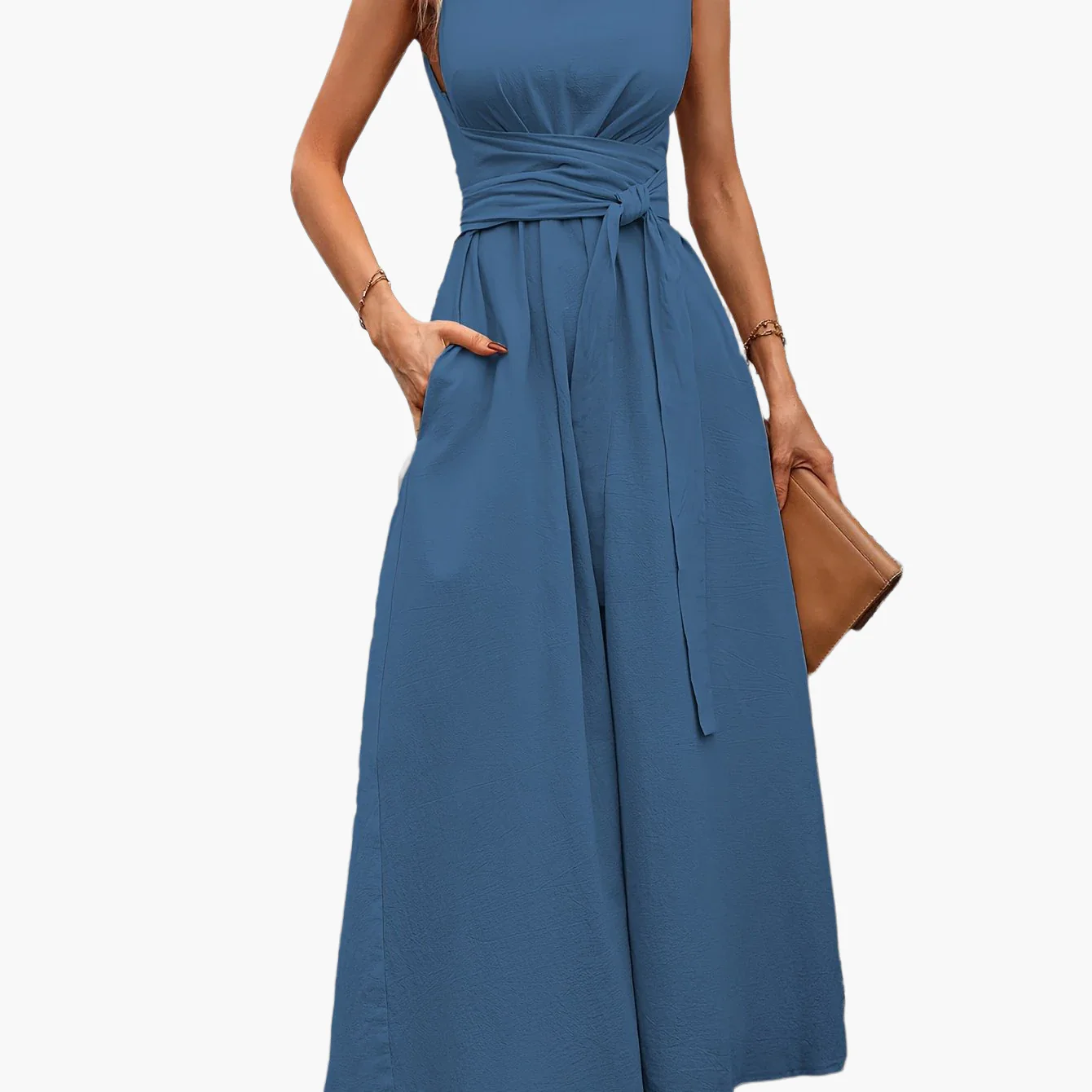 Damen Jumpsuit Elegant Ärmellos mit Bindegürtel und weitem Bein – Perfekt für Sommer und Freizeit - Image 6