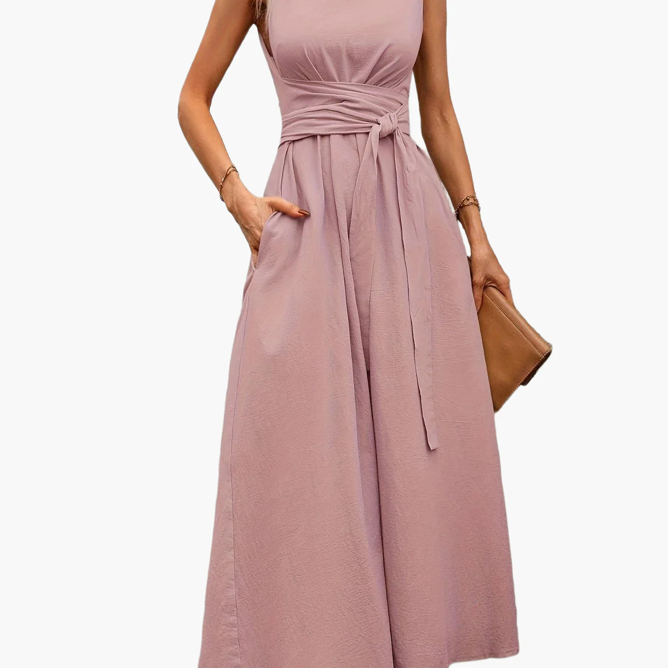 Damen Jumpsuit Elegant Ärmellos mit Bindegürtel und weitem Bein – Perfekt für Sommer und Freizeit - Image 8