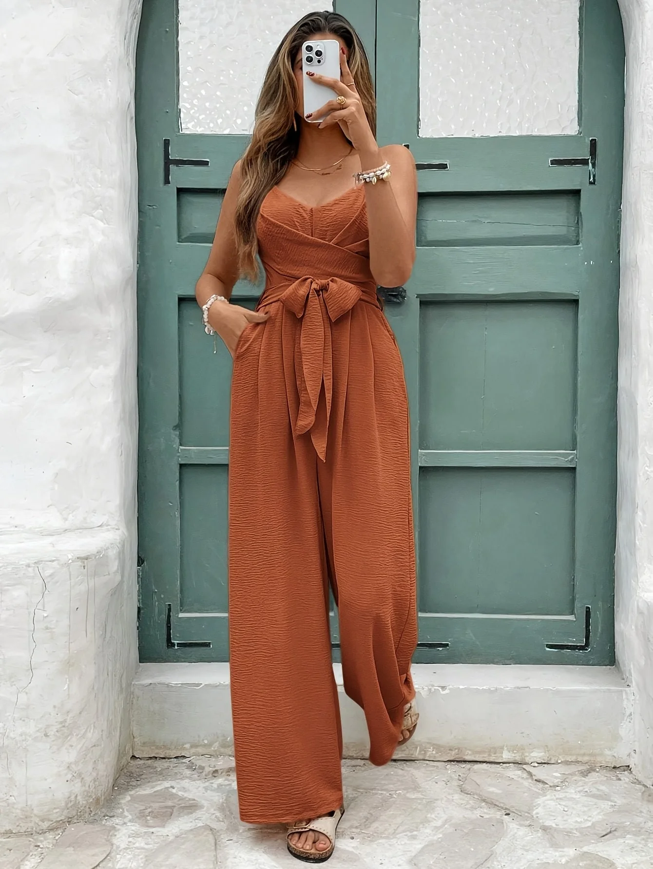 Damen Jumpsuit Elegant mit Gürtel, V-Ausschnitt, Weites Bein, Ideal für Frühling und Sommer
