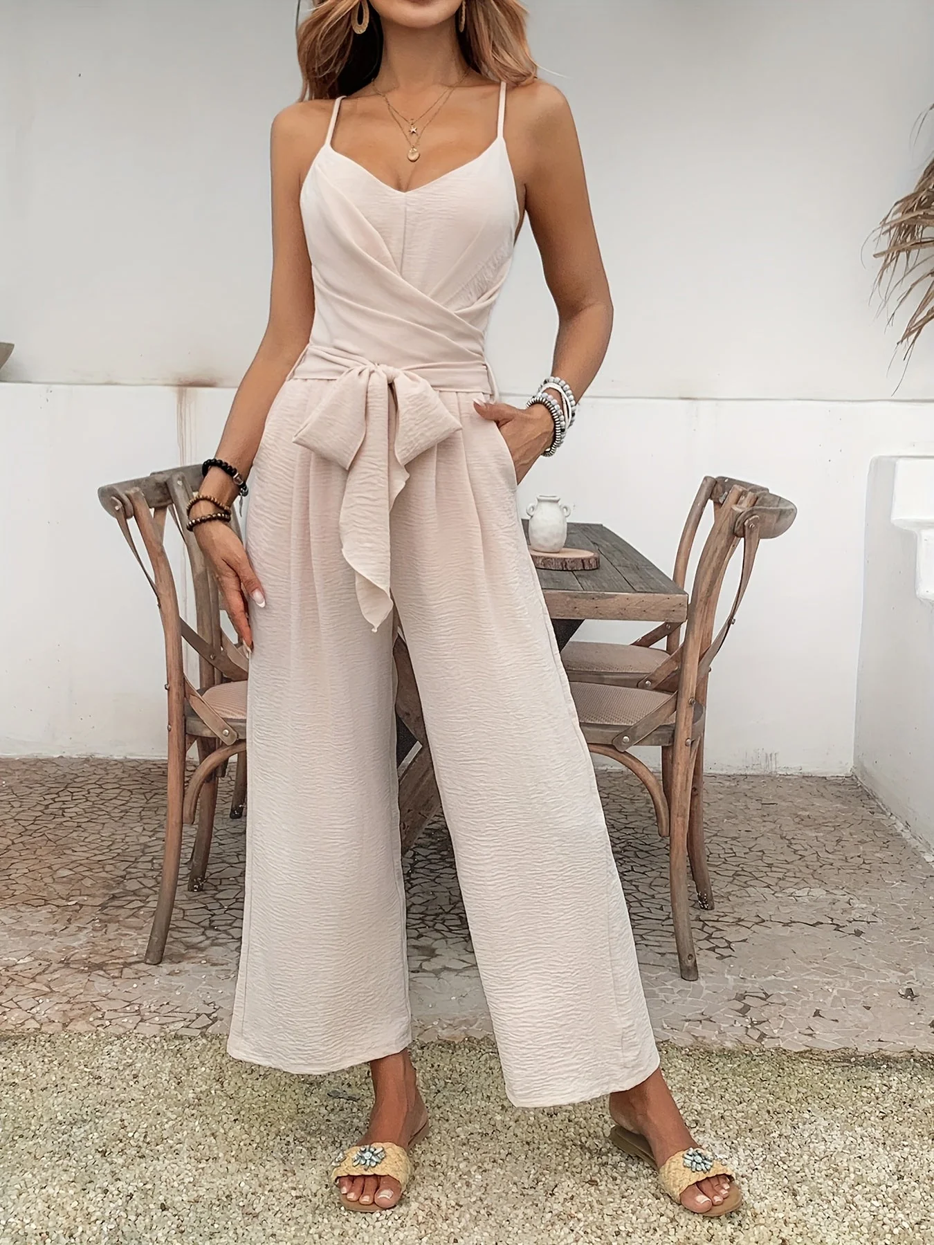 Damen Jumpsuit Elegant mit Gürtel, V-Ausschnitt, Weites Bein, Ideal für Frühling und Sommer - Image 7