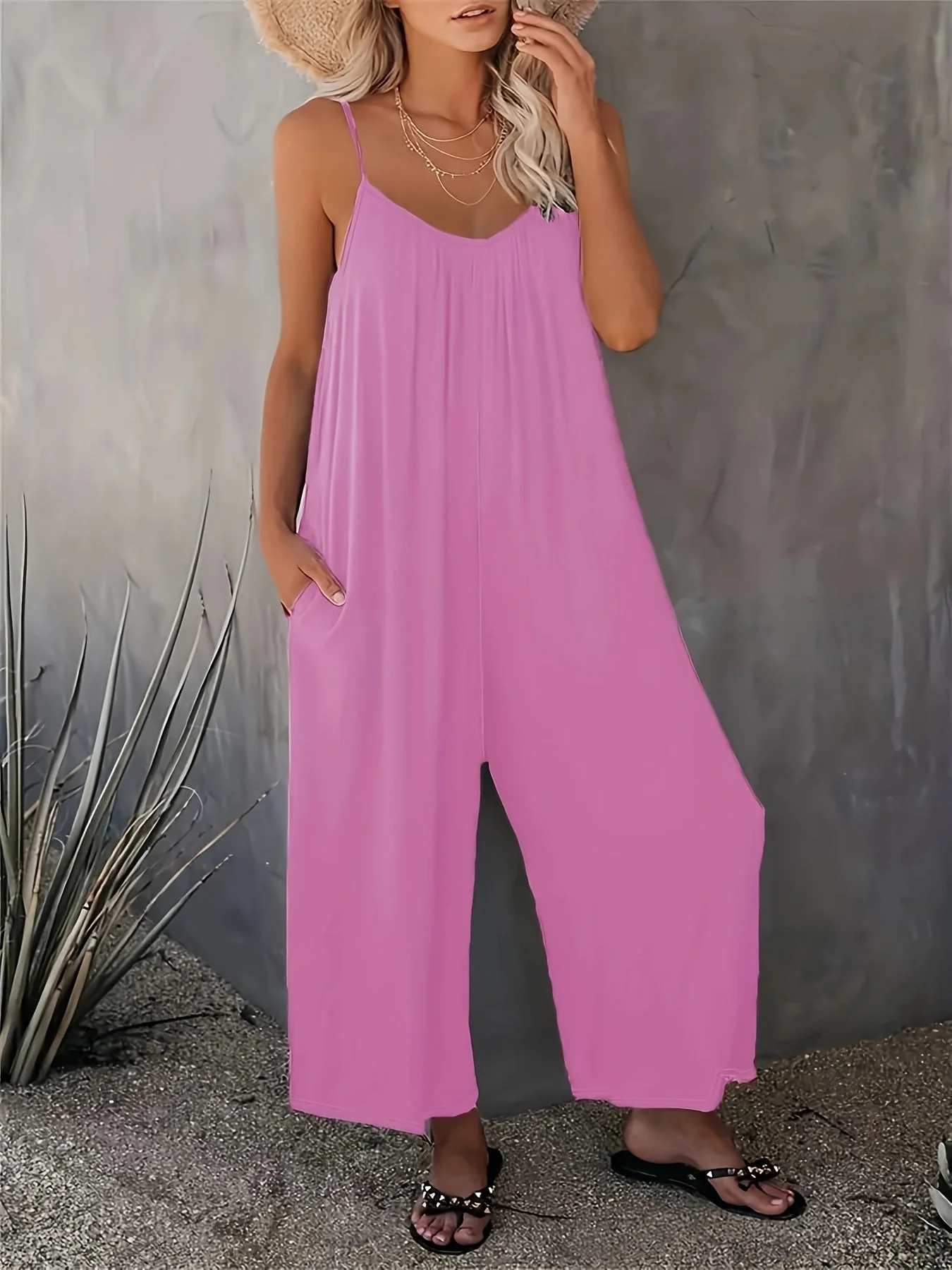 Damen Jumpsuit mit Spaghettiträgern und weitem Bein – Lässiger Einteiler für Frühling und Sommer - Image 8