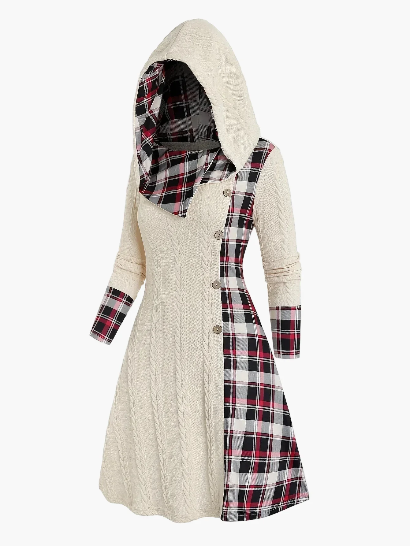 Damen Kapuzenkleid im Vintage-Stil mit Karomuster für Herbst und Winter
