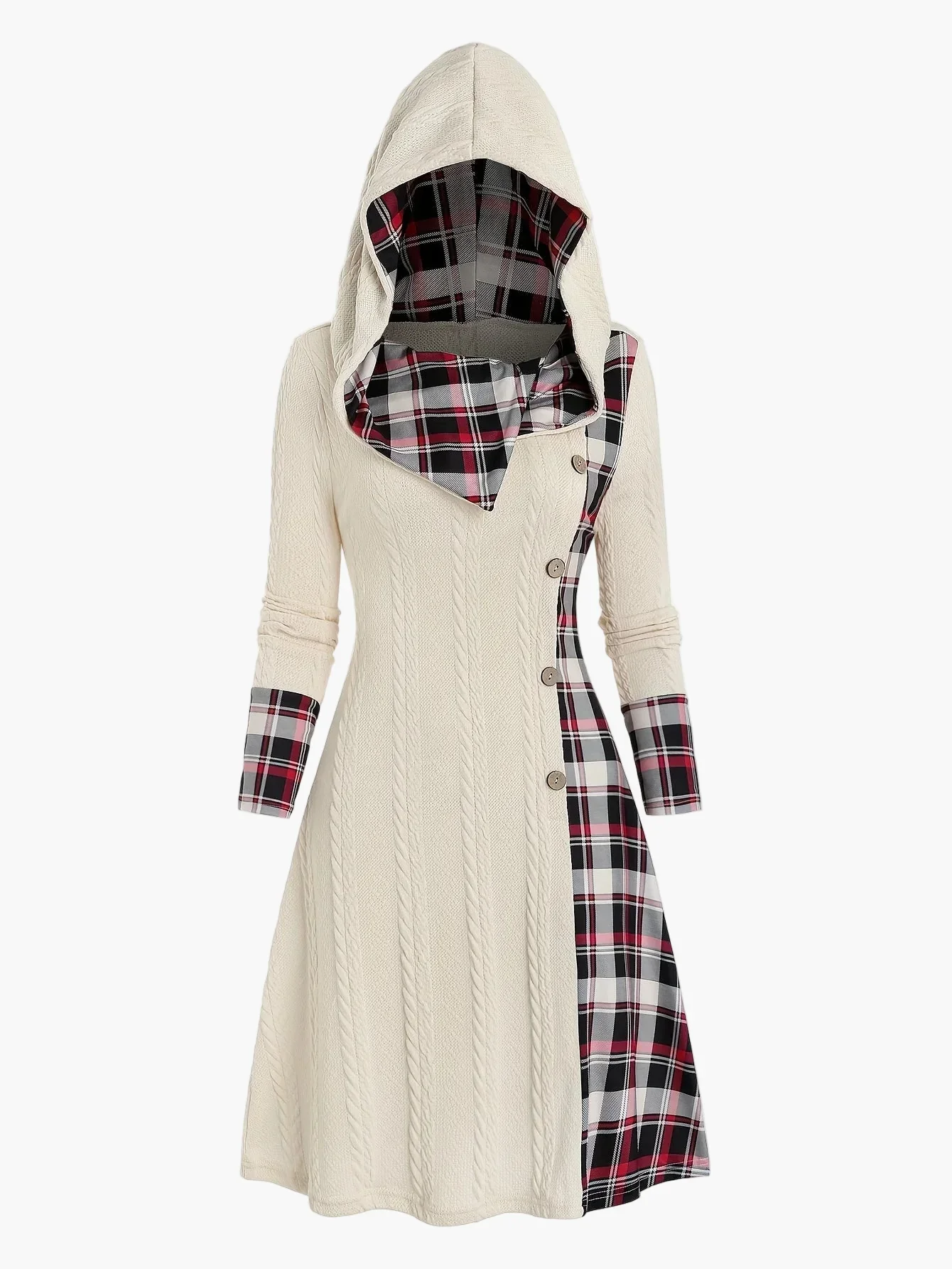 Damen Kapuzenkleid im Vintage-Stil mit Karomuster für Herbst und Winter - Image 3