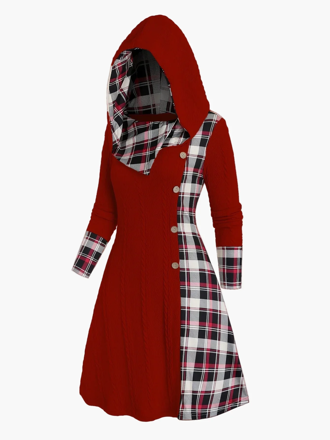 Damen Kapuzenkleid im Vintage-Stil mit Karomuster für Herbst und Winter - Image 7