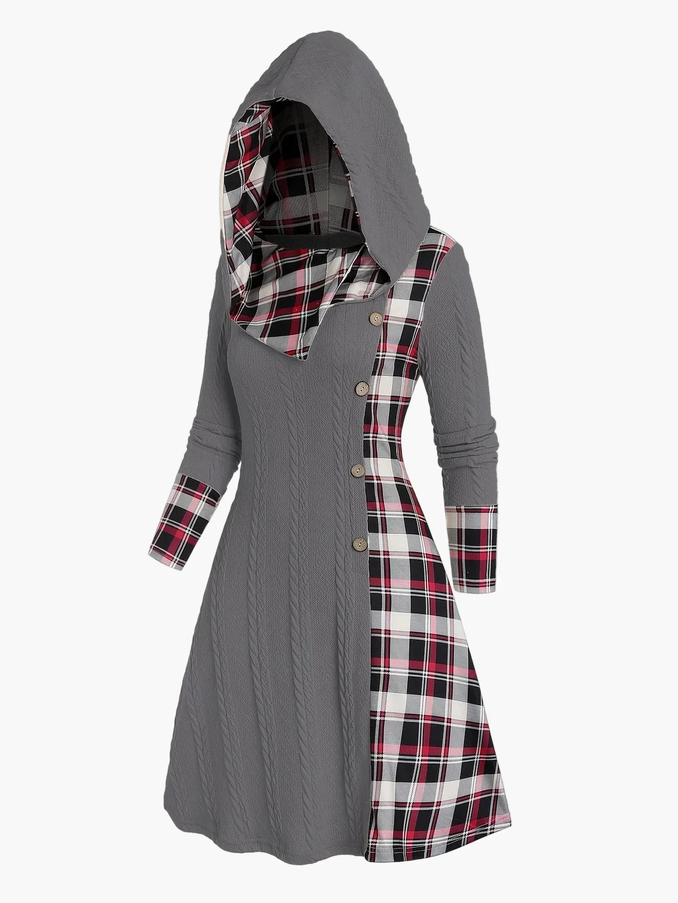 Damen Kapuzenkleid im Vintage-Stil mit Karomuster für Herbst und Winter - Image 8