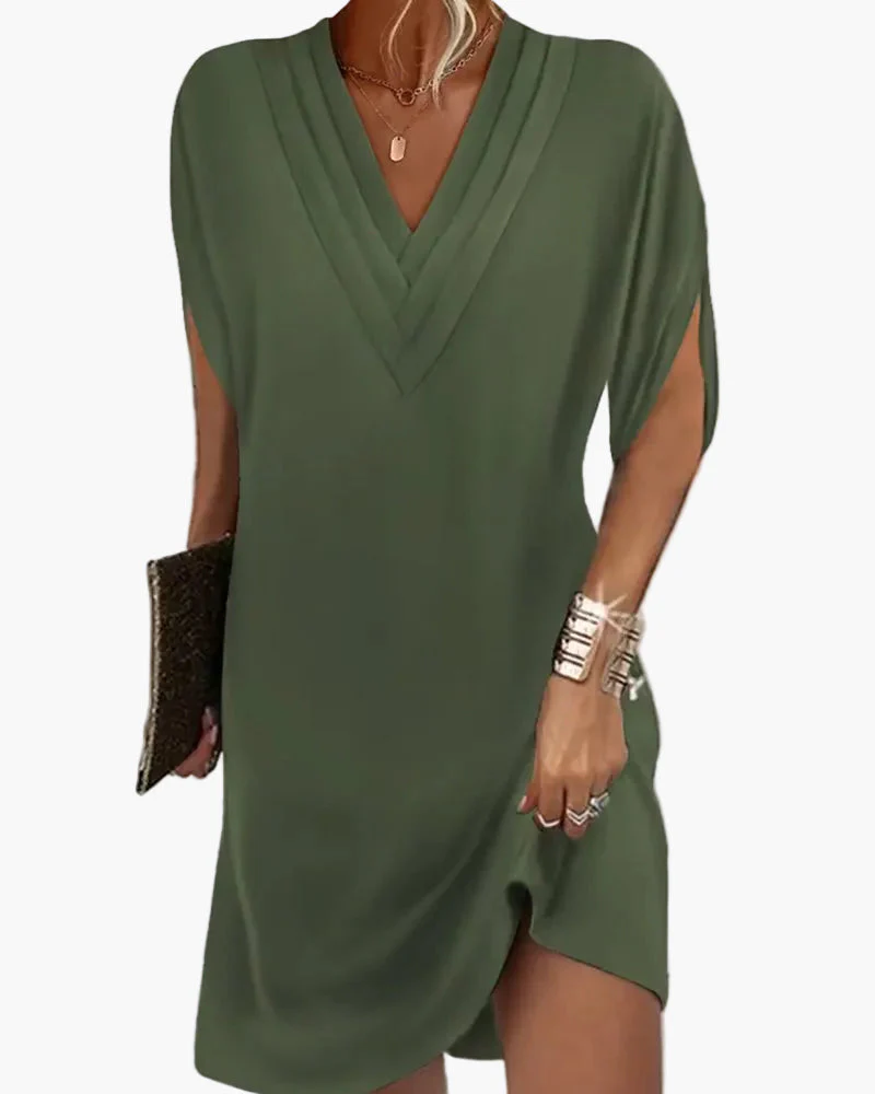 Damen Kleid mit V-Ausschnitt und Schlitzärmeln – Modisches Freizeitkleid für Alltag & Events