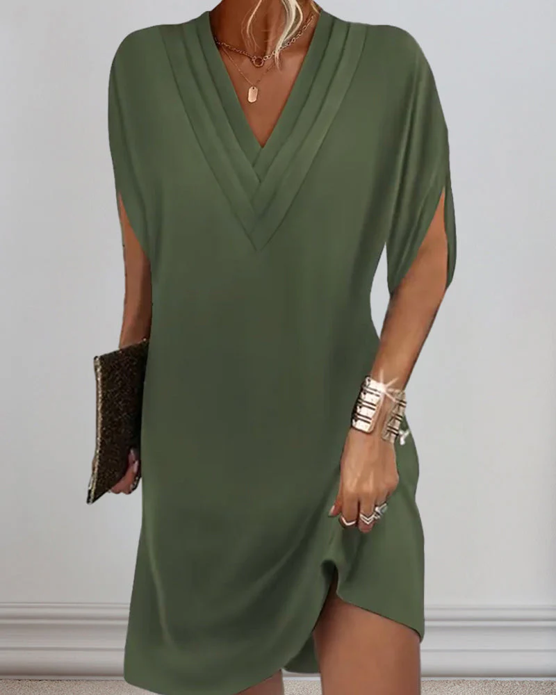 Damen Kleid mit V-Ausschnitt und Schlitzärmeln – Modisches Freizeitkleid für Alltag & Events - Image 2