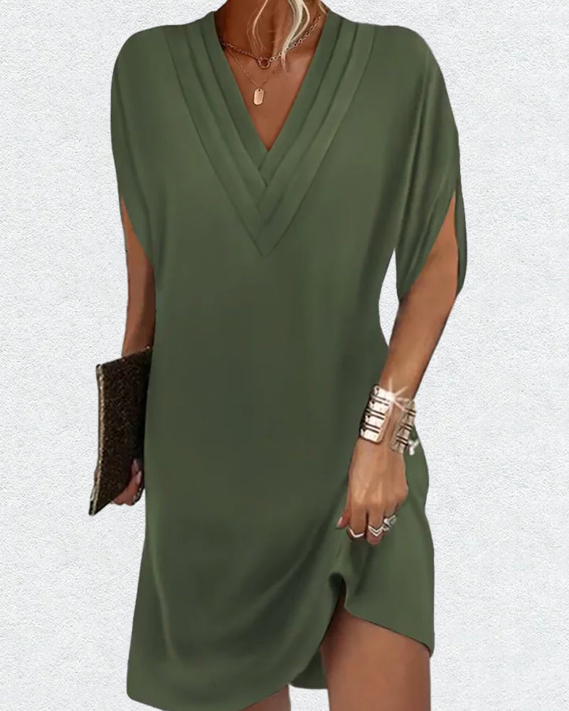 Damen Kleid mit V-Ausschnitt und Schlitzärmeln – Modisches Freizeitkleid für Alltag & Events - Image 3
