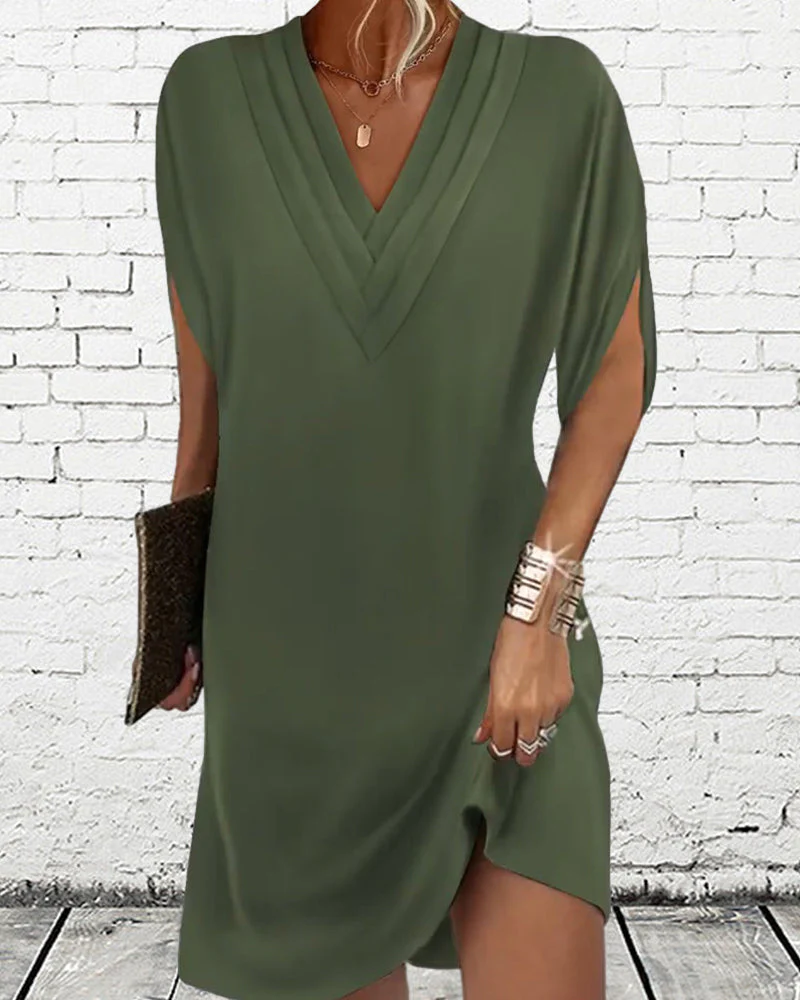 Damen Kleid mit V-Ausschnitt und Schlitzärmeln – Modisches Freizeitkleid für Alltag & Events - Image 4
