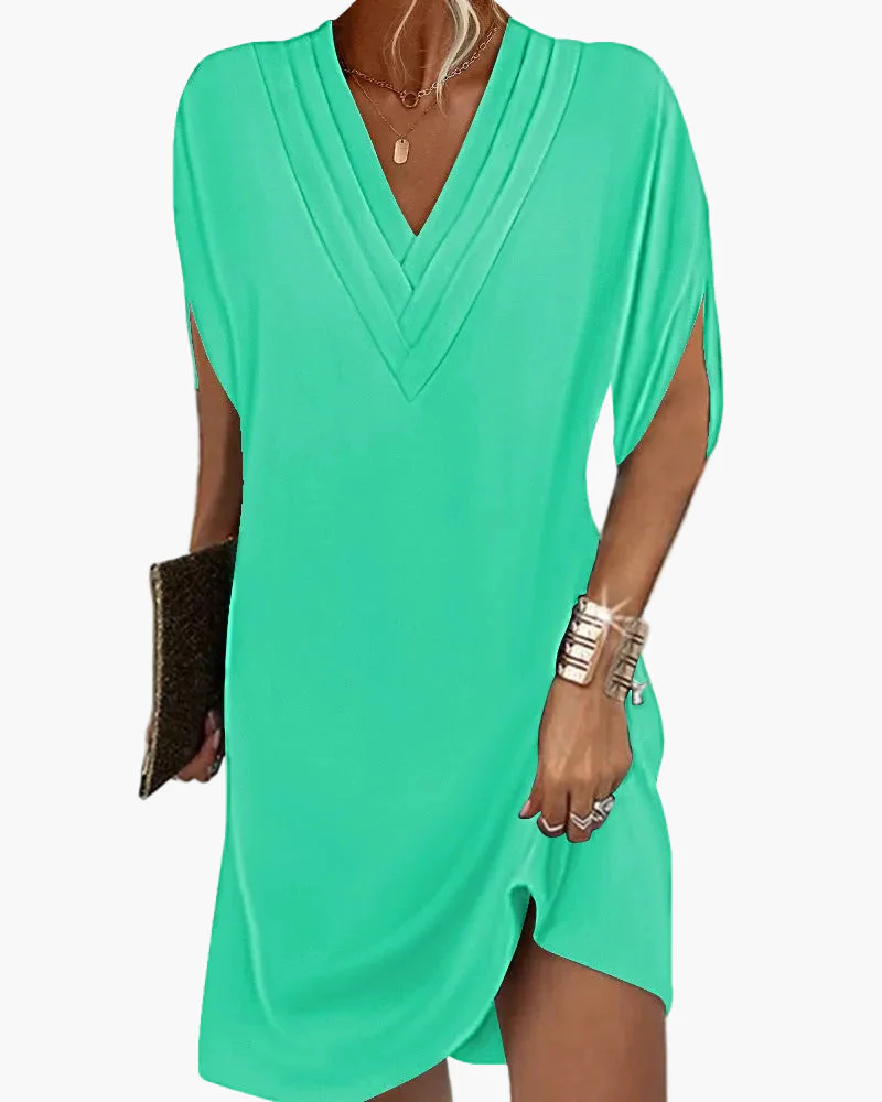 Damen Kleid mit V-Ausschnitt und Schlitzärmeln – Modisches Freizeitkleid für Alltag & Events - Image 9