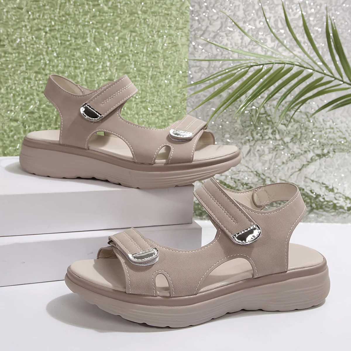 Damen Komfort-Sandalen mit Klettverschluss – Alltag & Freizeit, Offene Zehen, Plateausohle