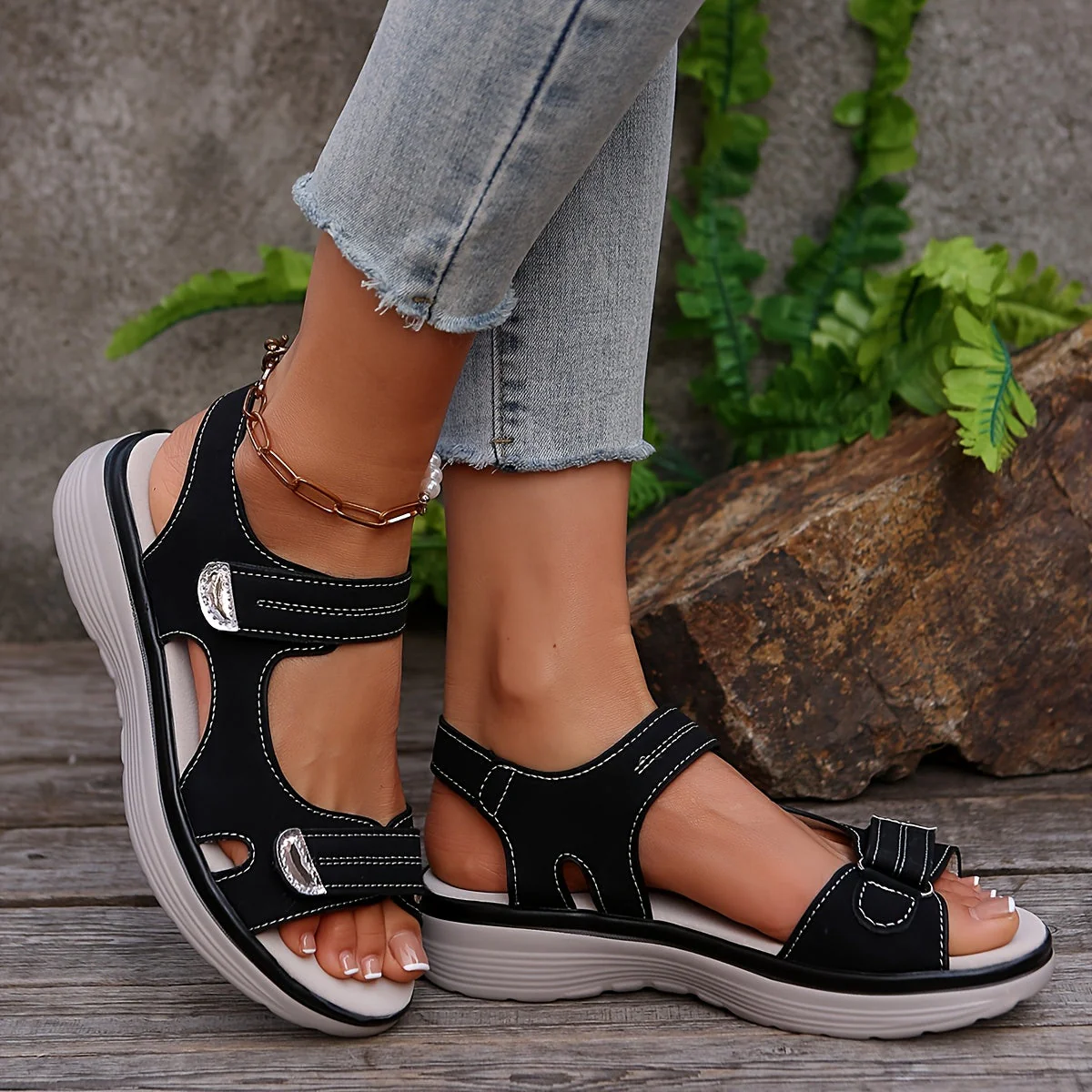 Damen Komfort-Sandalen mit Klettverschluss – Alltag & Freizeit, Offene Zehen, Plateausohle - Image 10
