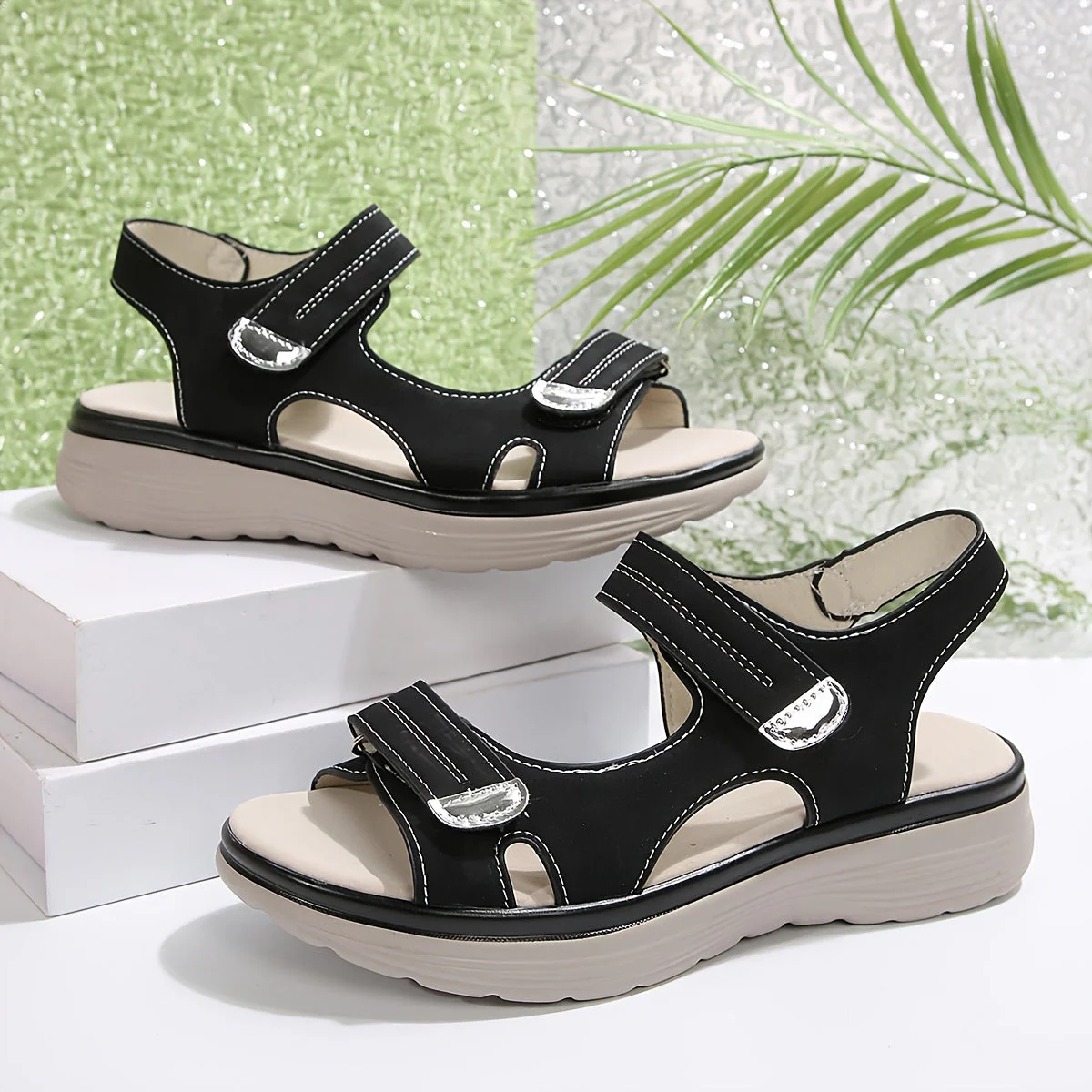 Damen Komfort-Sandalen mit Klettverschluss – Alltag & Freizeit, Offene Zehen, Plateausohle - Image 2