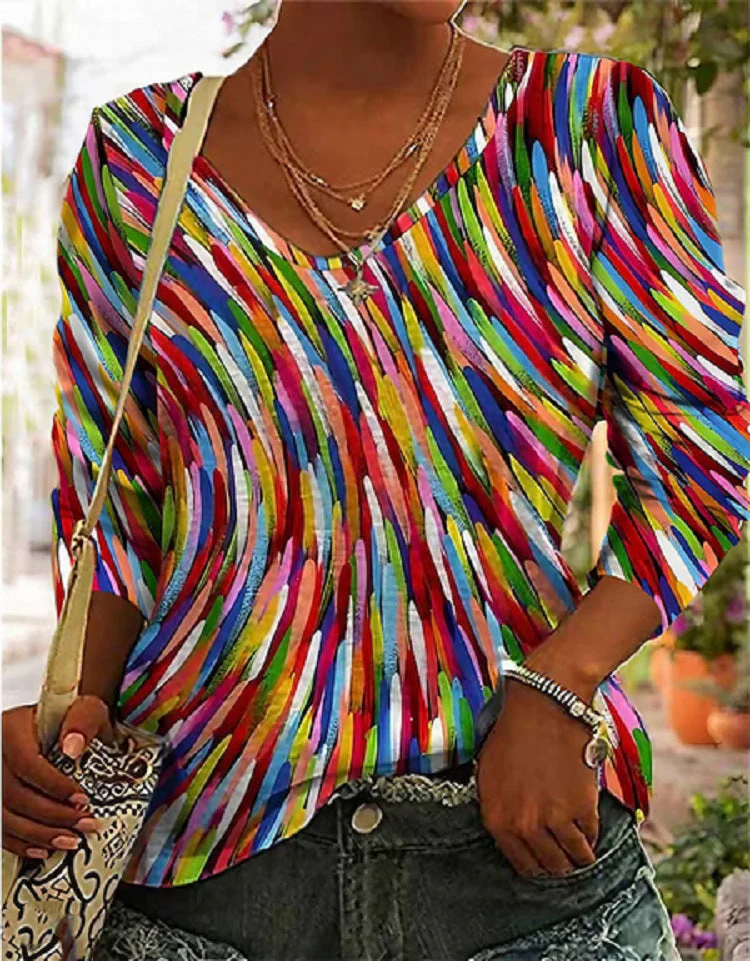 Damen Künstlerisches Retro Pullover Shirt mit Geometrischem Print – Bequemes Freizeitoberteil im Kunststil - Image 3