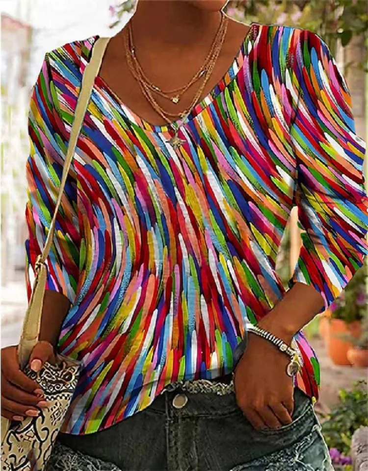 Damen Künstlerisches Retro Pullover Shirt mit Geometrischem Print – Bequemes Freizeitoberteil im Kunststil - Image 4