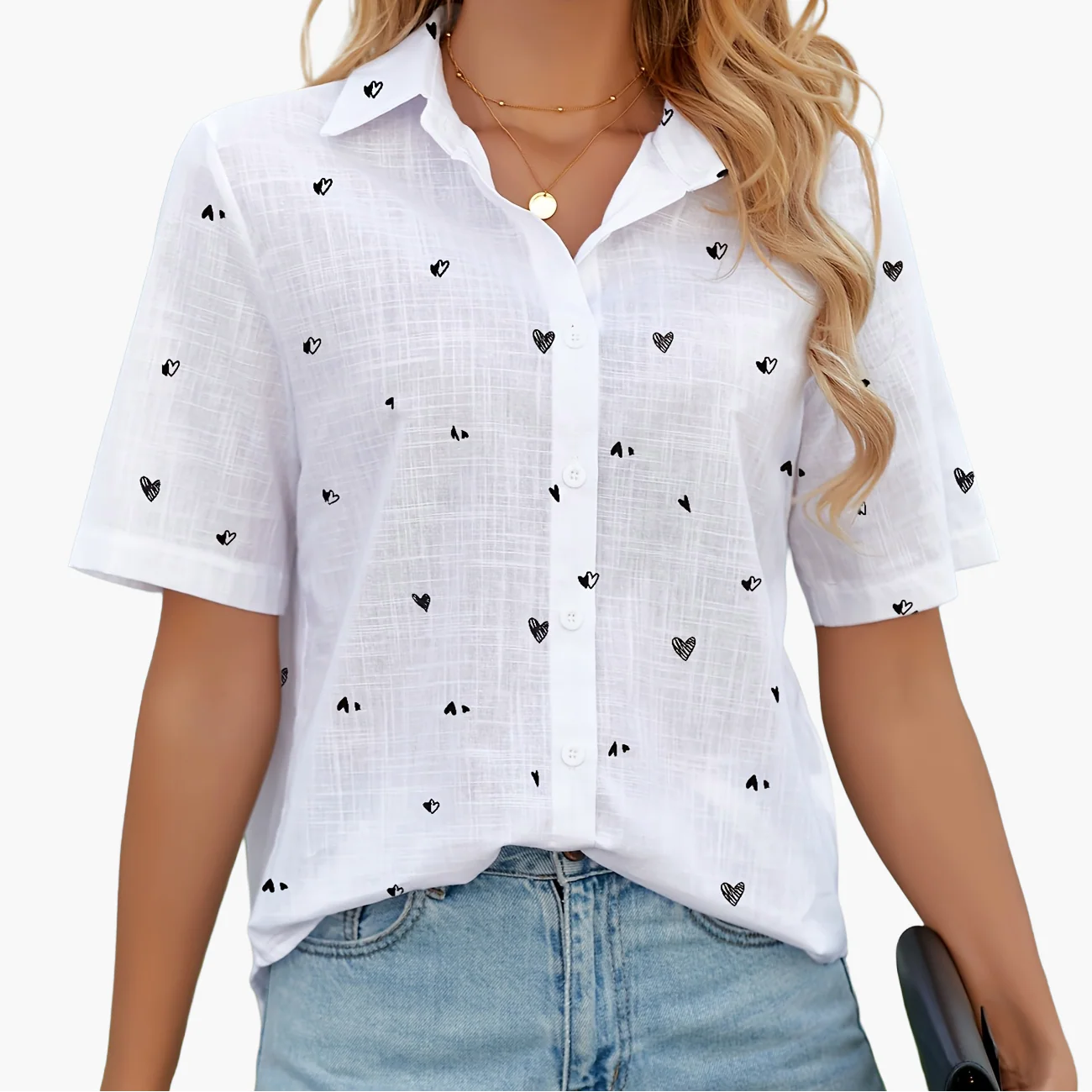 Damen Kurzarm Bluse mit Herzmuster, Casual Sommer Hemd, Modische Freizeitbekleidung - Image 14