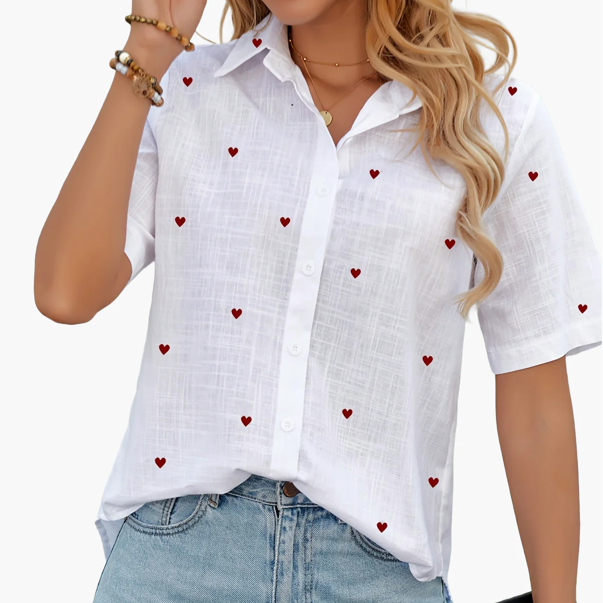 Damen Kurzarm Bluse mit Herzmuster, Casual Sommer Hemd, Modische Freizeitbekleidung - Image 15