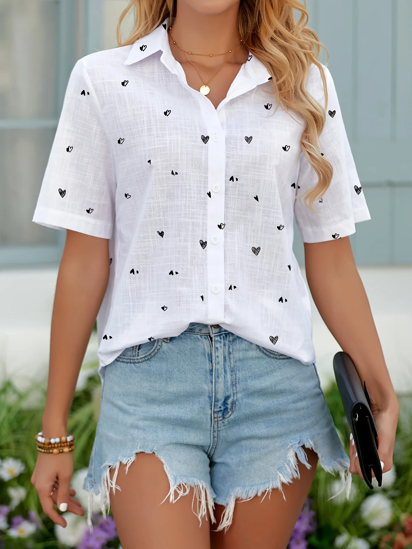 Damen Kurzarm Bluse mit Herzmuster, Casual Sommer Hemd, Modische Freizeitbekleidung - Image 2