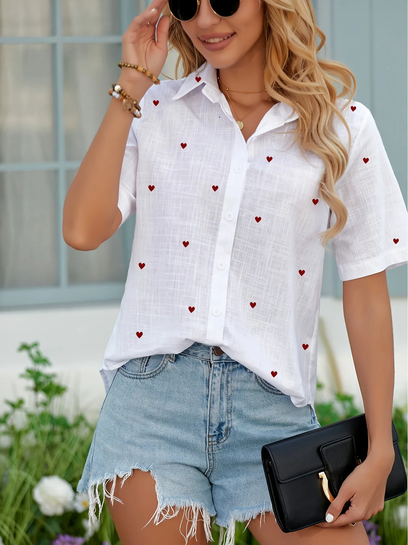 Damen Kurzarm Bluse mit Herzmuster, Casual Sommer Hemd, Modische Freizeitbekleidung - Image 3