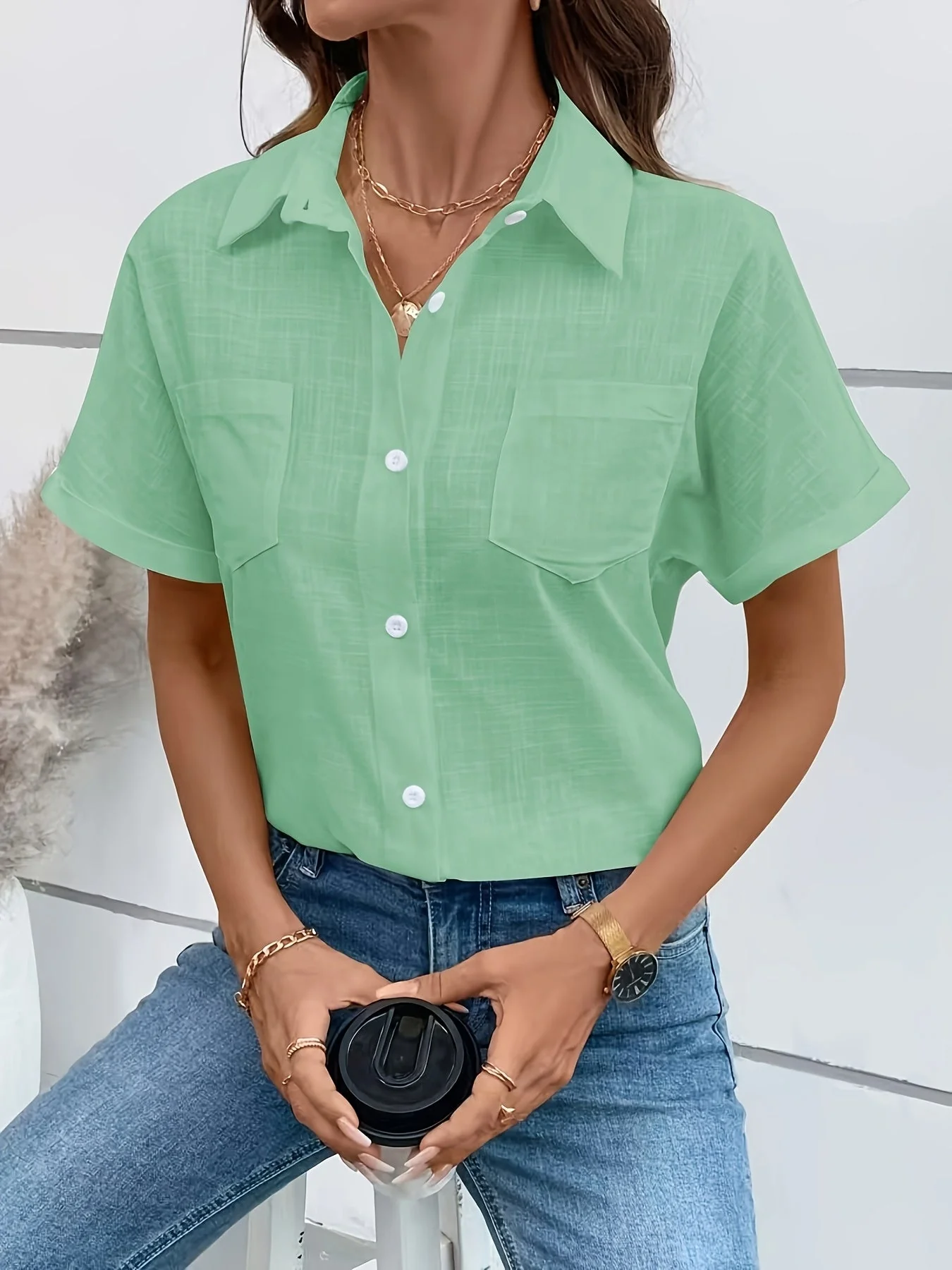 Damen Kurzarm Bluse mit Vogel-Print und Brusttasche – Modische Freizeit Hemdbluse - Image 10