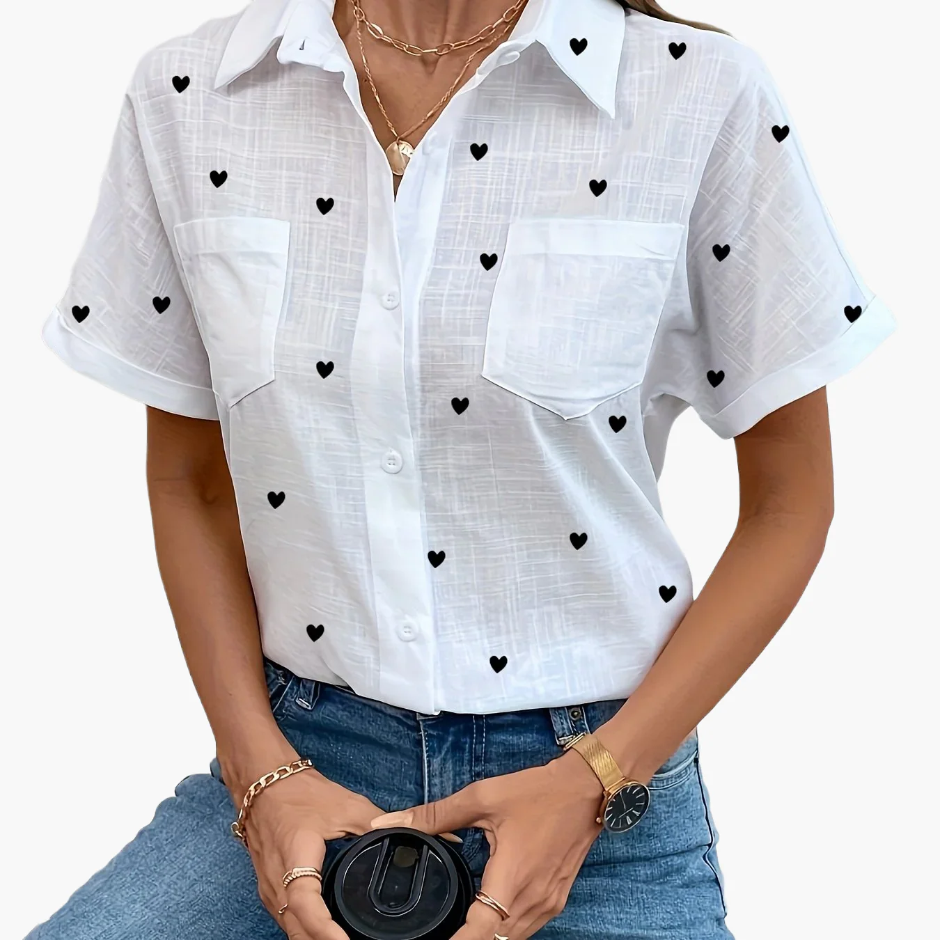 Damen Kurzarm Bluse mit Vogel-Print und Brusttasche – Modische Freizeit Hemdbluse - Image 13