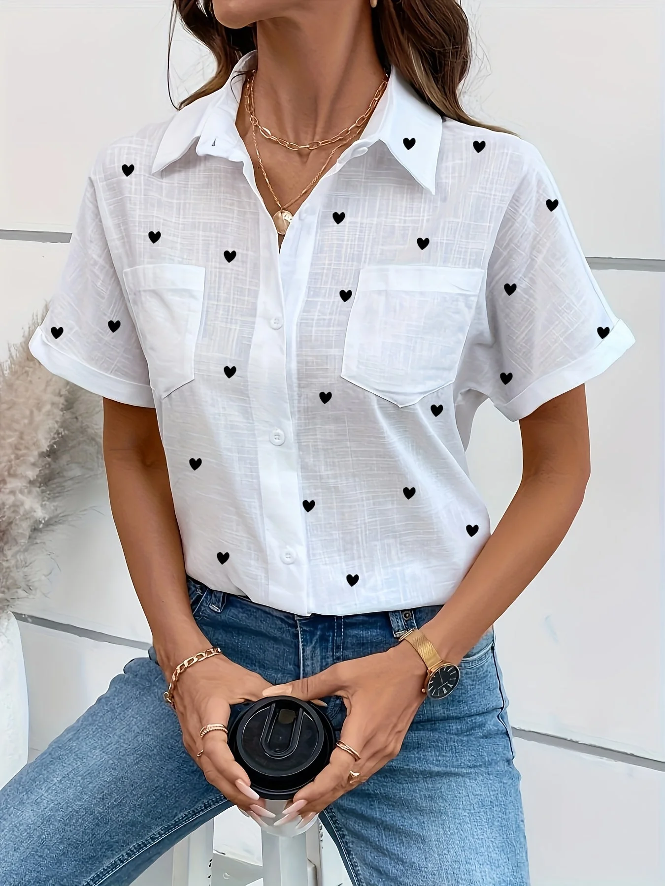 Damen Kurzarm Bluse mit Vogel-Print und Brusttasche – Modische Freizeit Hemdbluse - Image 3