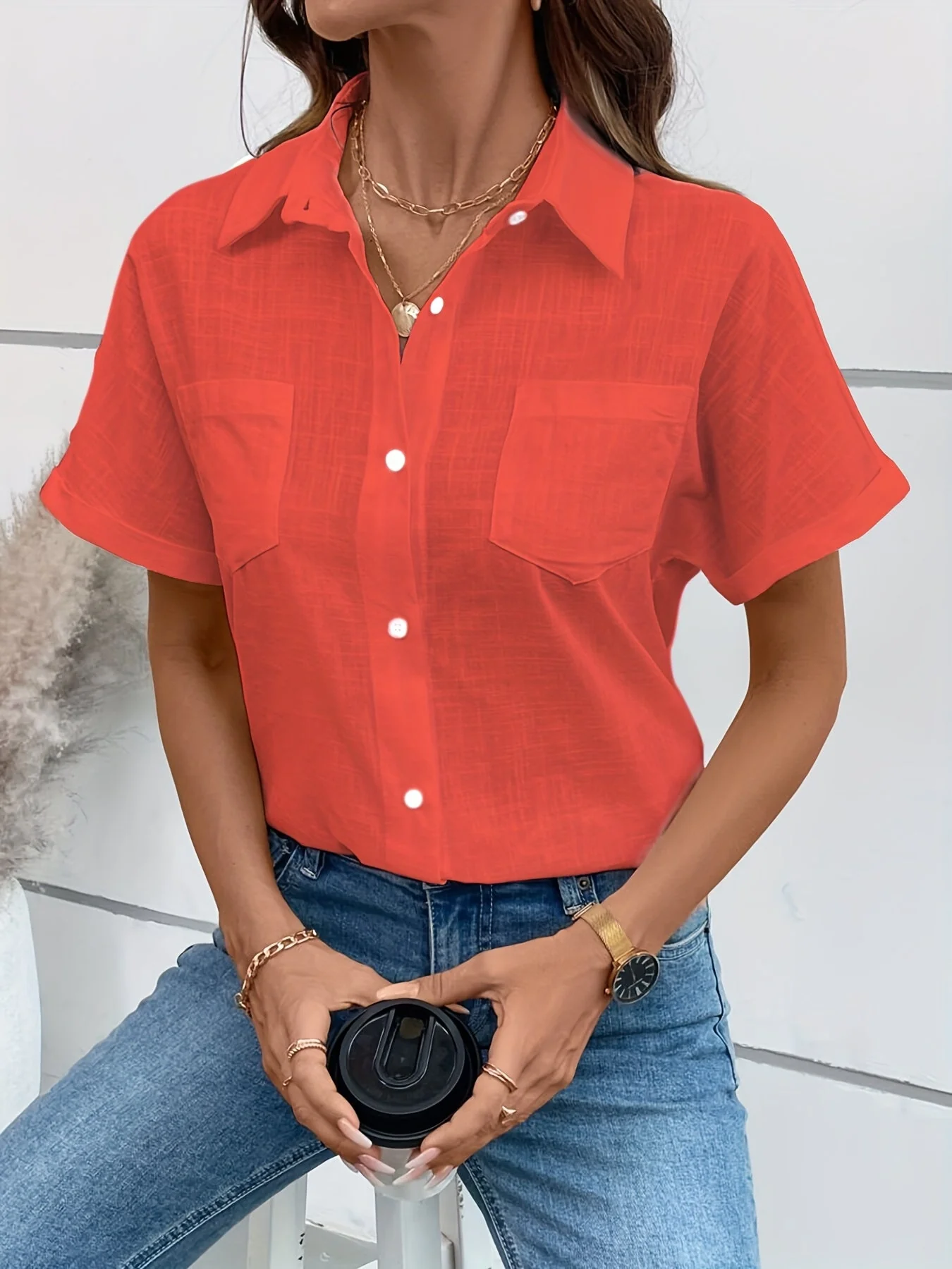 Damen Kurzarm Bluse mit Vogel-Print und Brusttasche – Modische Freizeit Hemdbluse - Image 8