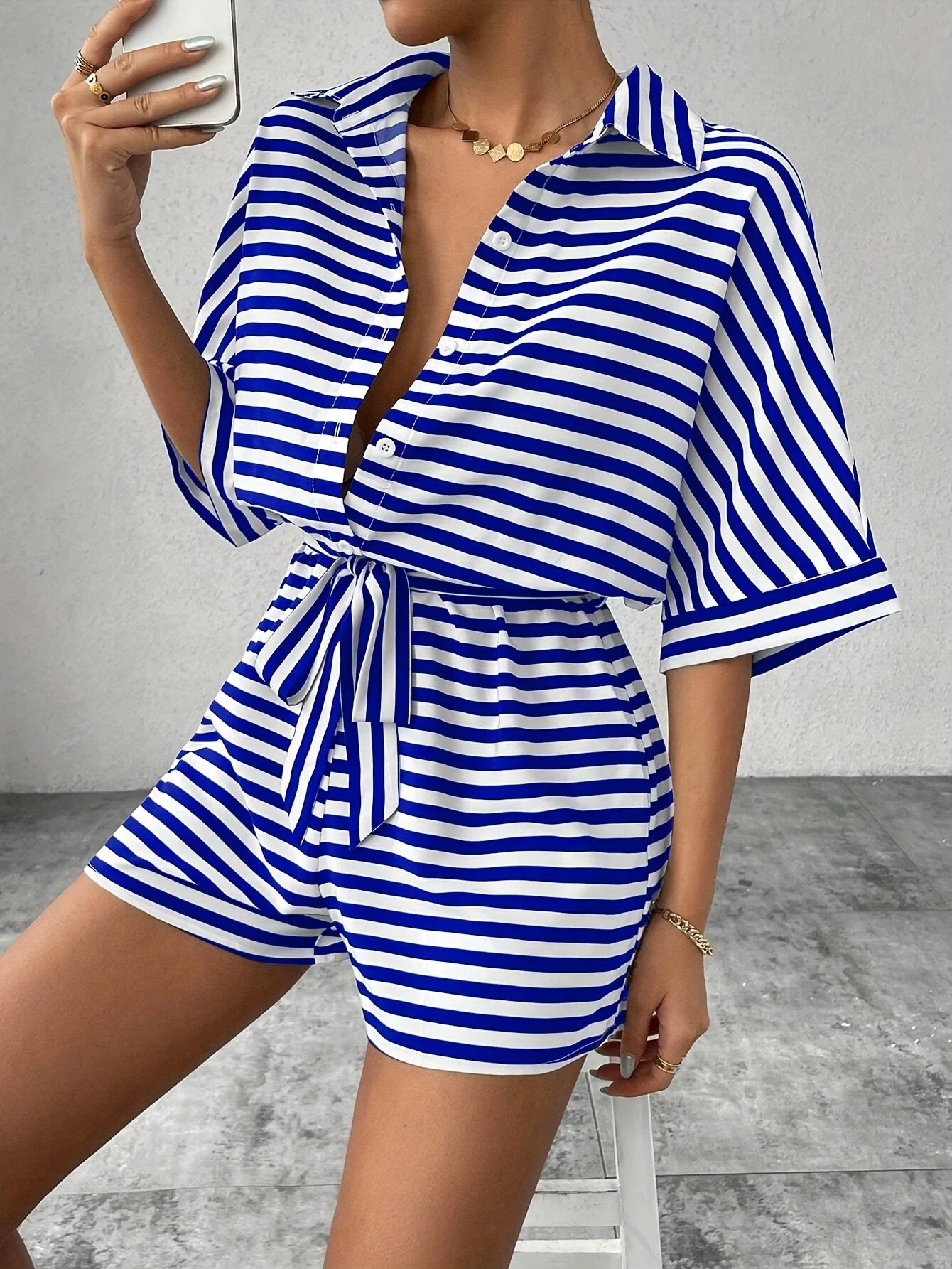 Damen Kurzarm-Overall mit Streifenmuster für Freizeit und Sommer - Image 10
