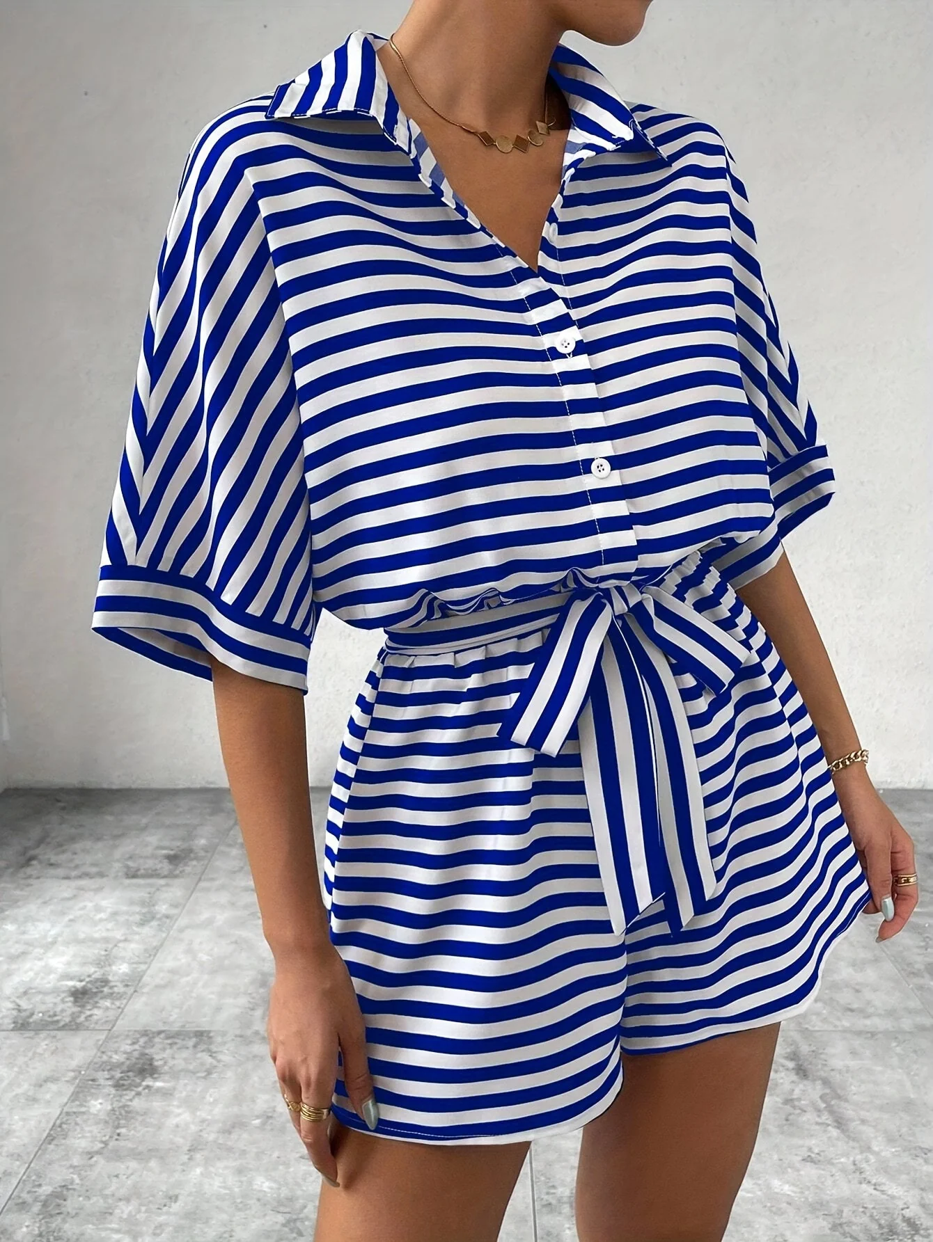 Damen Kurzarm-Overall mit Streifenmuster für Freizeit und Sommer - Image 6