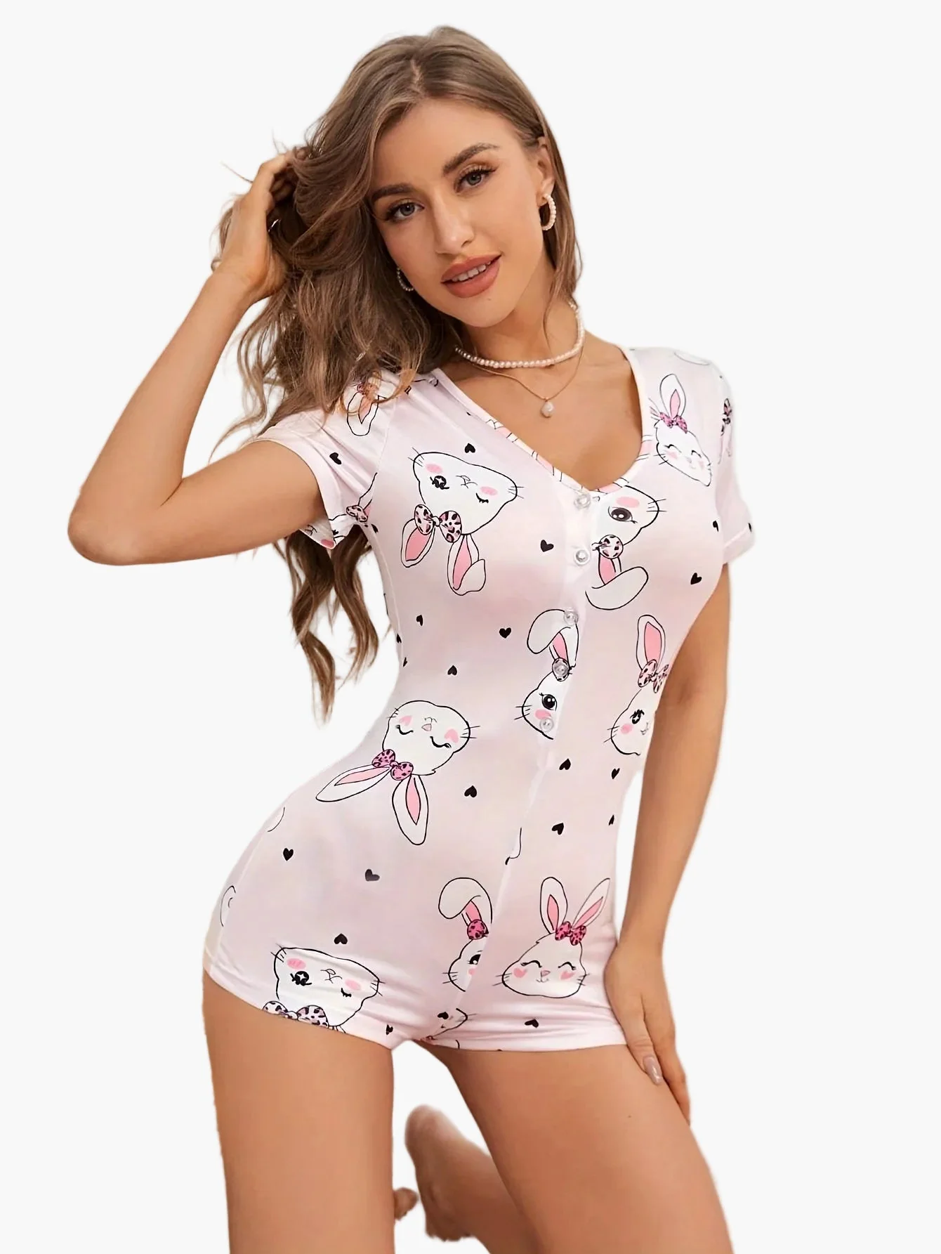 Damen Kurzarm Pyjama-Overall mit Hasen-Print und Knopfleiste – Süßer Einteiler für Frühling und Sommer - Image 6