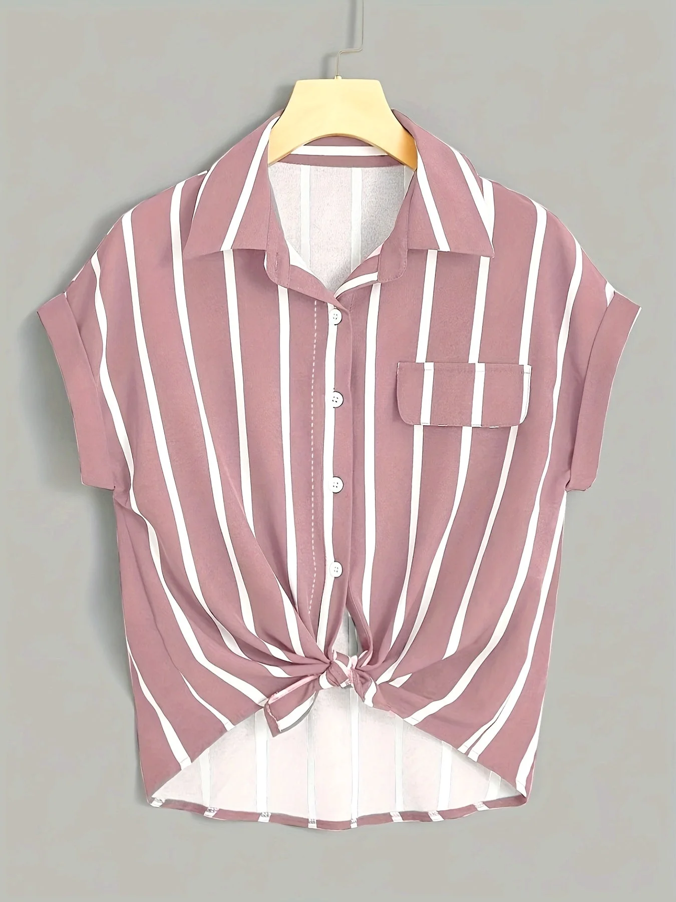 Damen Kurzarm Streifen Bluse mit Knoten und Brusttasche – Sommer, Elegant, Freizeit