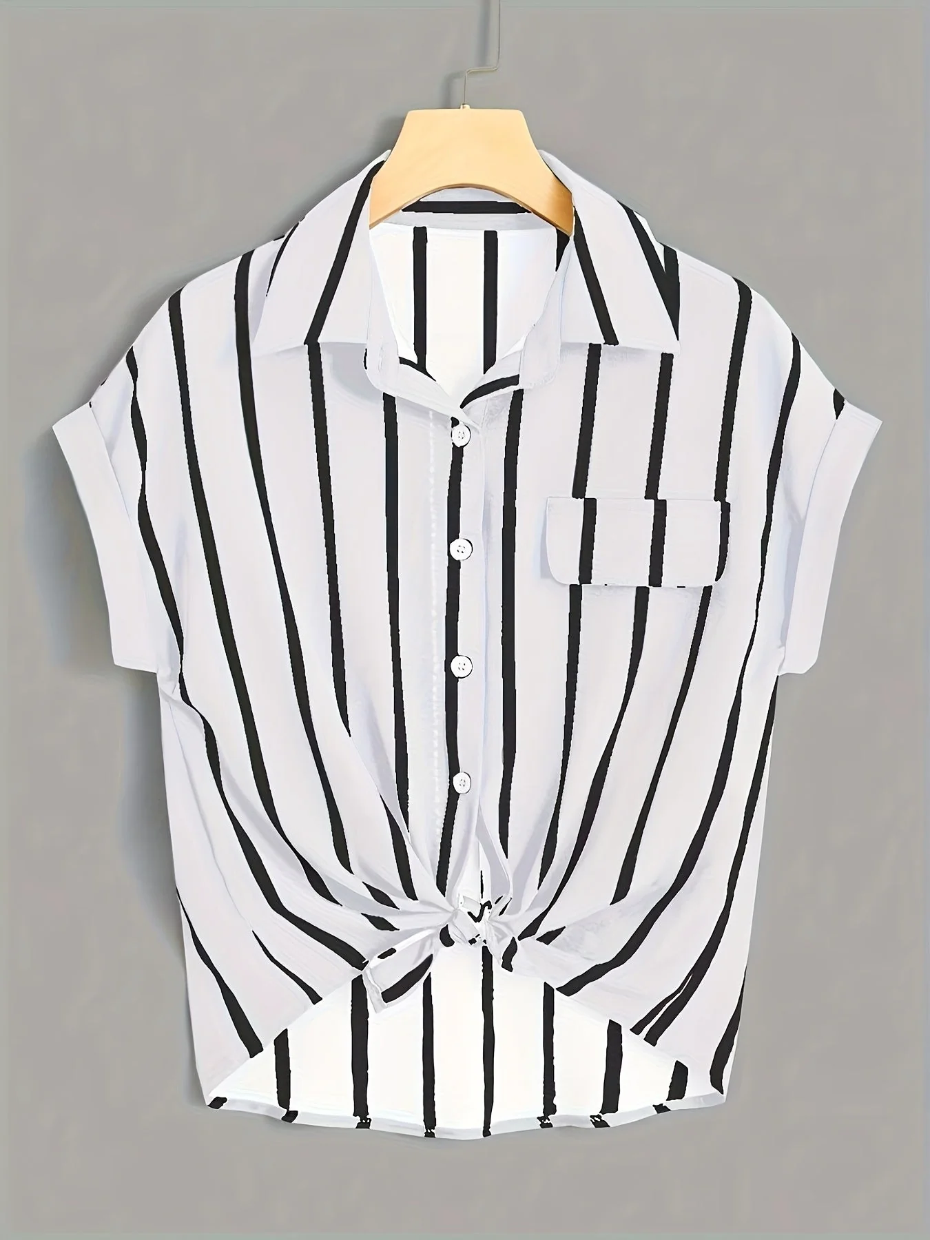 Damen Kurzarm Streifen Bluse mit Knoten und Brusttasche – Sommer, Elegant, Freizeit - Image 3