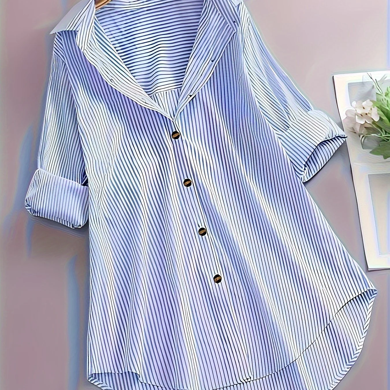 Damen Längsgestreiftes Hemdblusenkleid mit Knopfleiste und Reverskragen – Eleganter Alltags-Look - Image 11