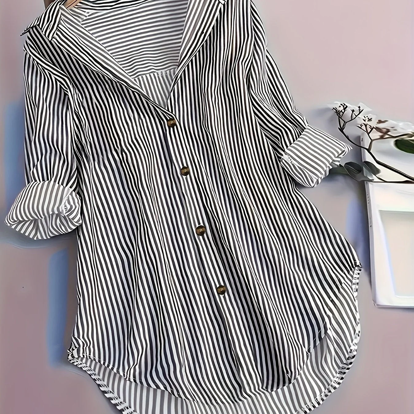 Damen Längsgestreiftes Hemdblusenkleid mit Knopfleiste und Reverskragen – Eleganter Alltags-Look - Image 13