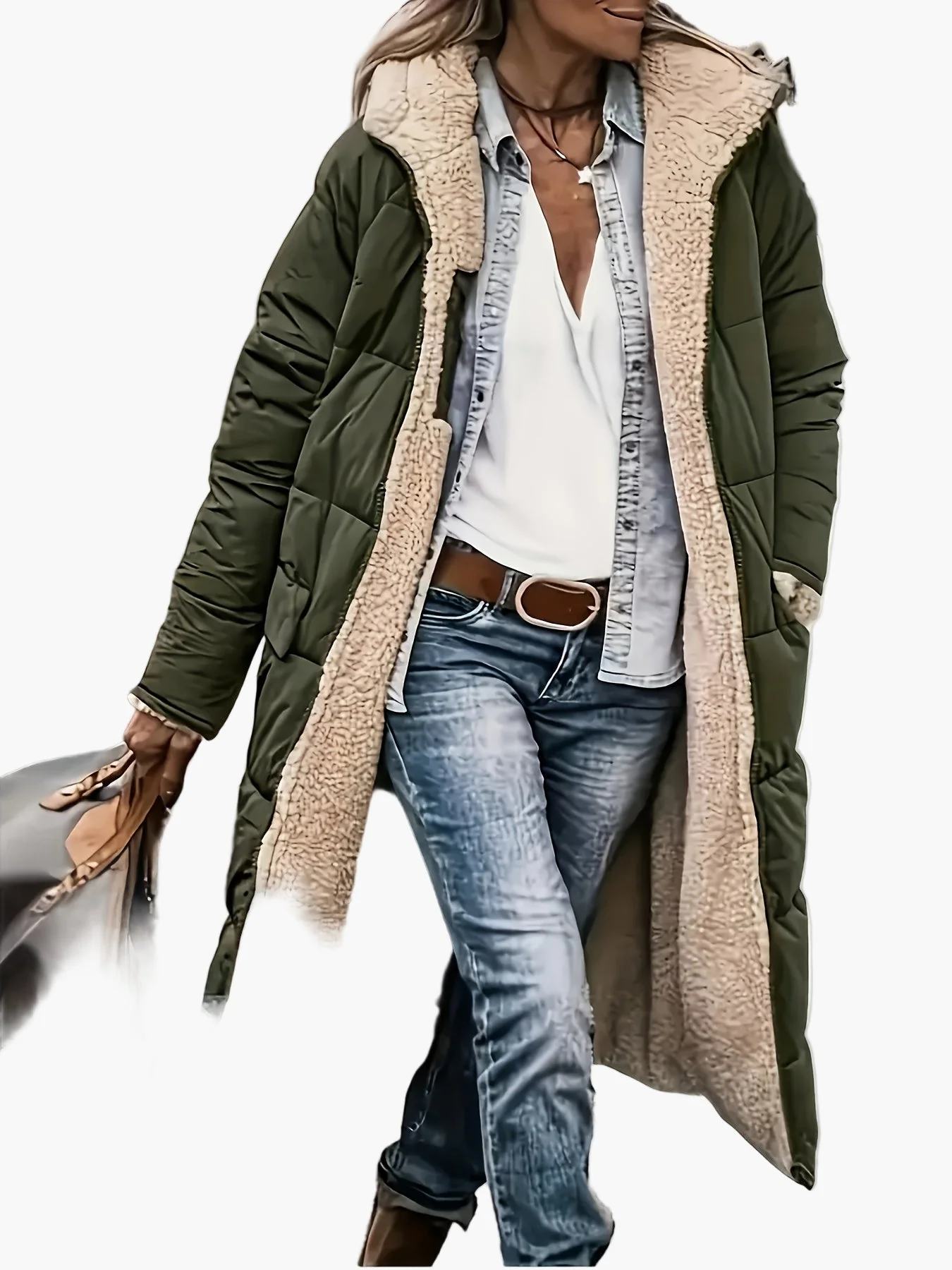 Damen Lange Steppjacke mit Kapuze und Teddyfutter – Modischer Wintermantel für Freizeit und Reisen - Image 2