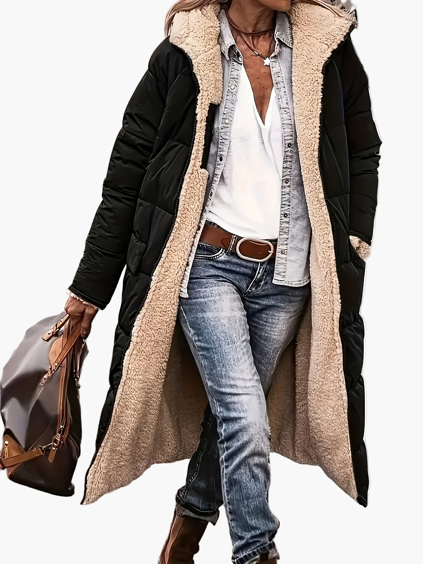 Damen Lange Steppjacke mit Kapuze und Teddyfutter – Modischer Wintermantel für Freizeit und Reisen - Image 3