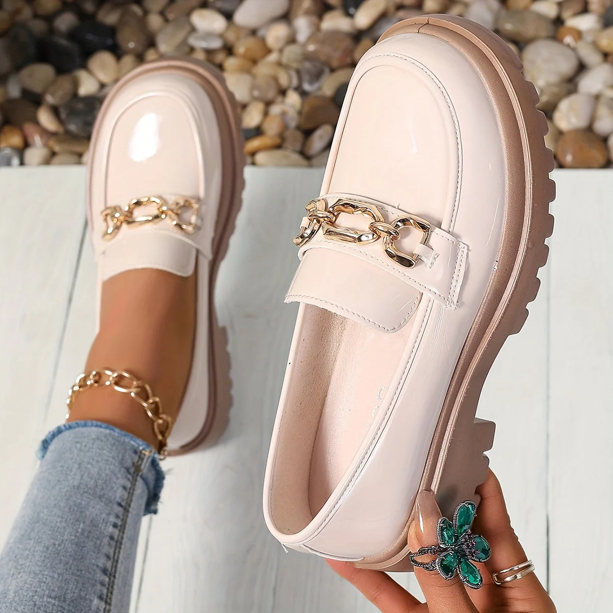 Damen Loafer mit Ketten-Detail und Plateau – Modischer Slip-On für Alltag und Freizeit