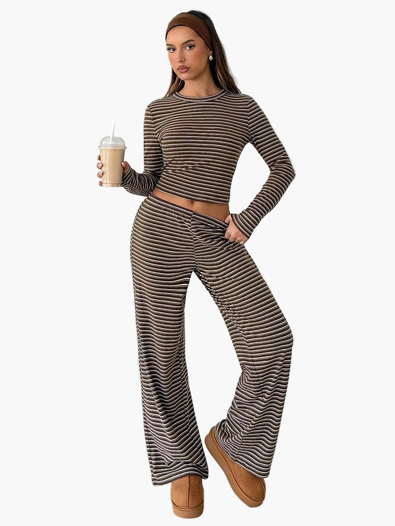 Damen Lounge Set mit Streifenmuster – Bequemer Freizeitanzug mit Langarmshirt und Hose - Image 3