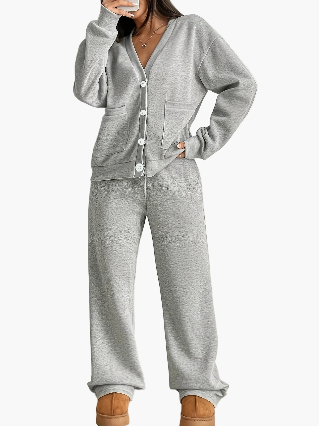 Damen Loungewear Set – Bequemer Freizeitanzug mit Knopfleiste für Zuhause und Alltag - Image 5