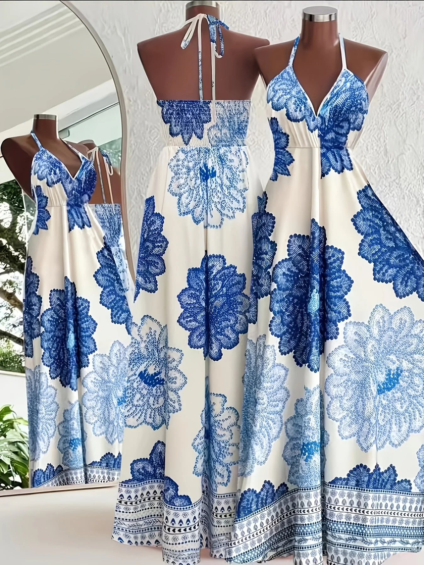 Damen Maxikleid Boho-Style mit Halterneck und Blumenmuster – Perfekt für Urlaub & Sommerfeste