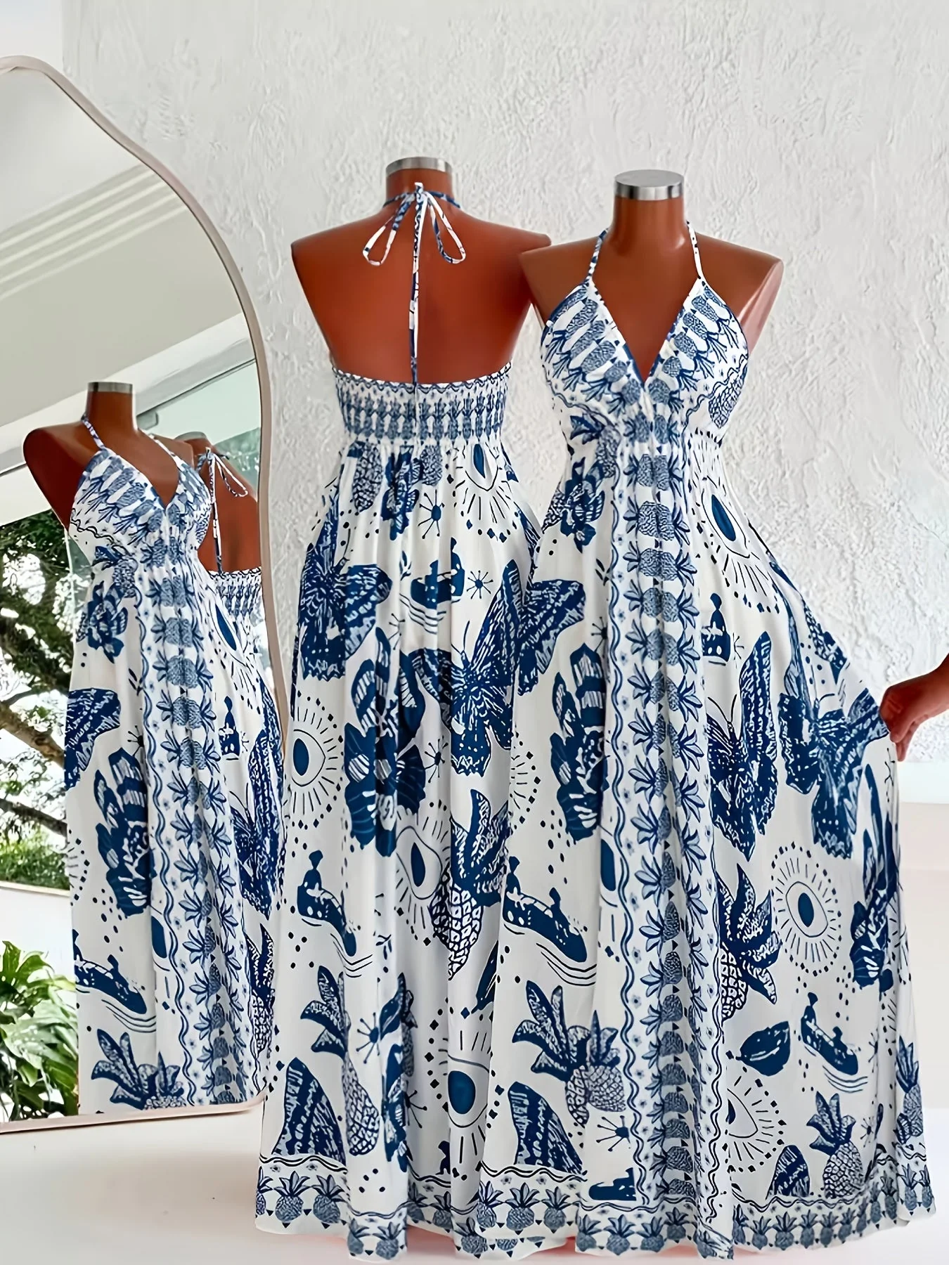 Damen Maxikleid Boho-Style mit Halterneck und Blumenmuster – Perfekt für Urlaub & Sommerfeste - Image 2