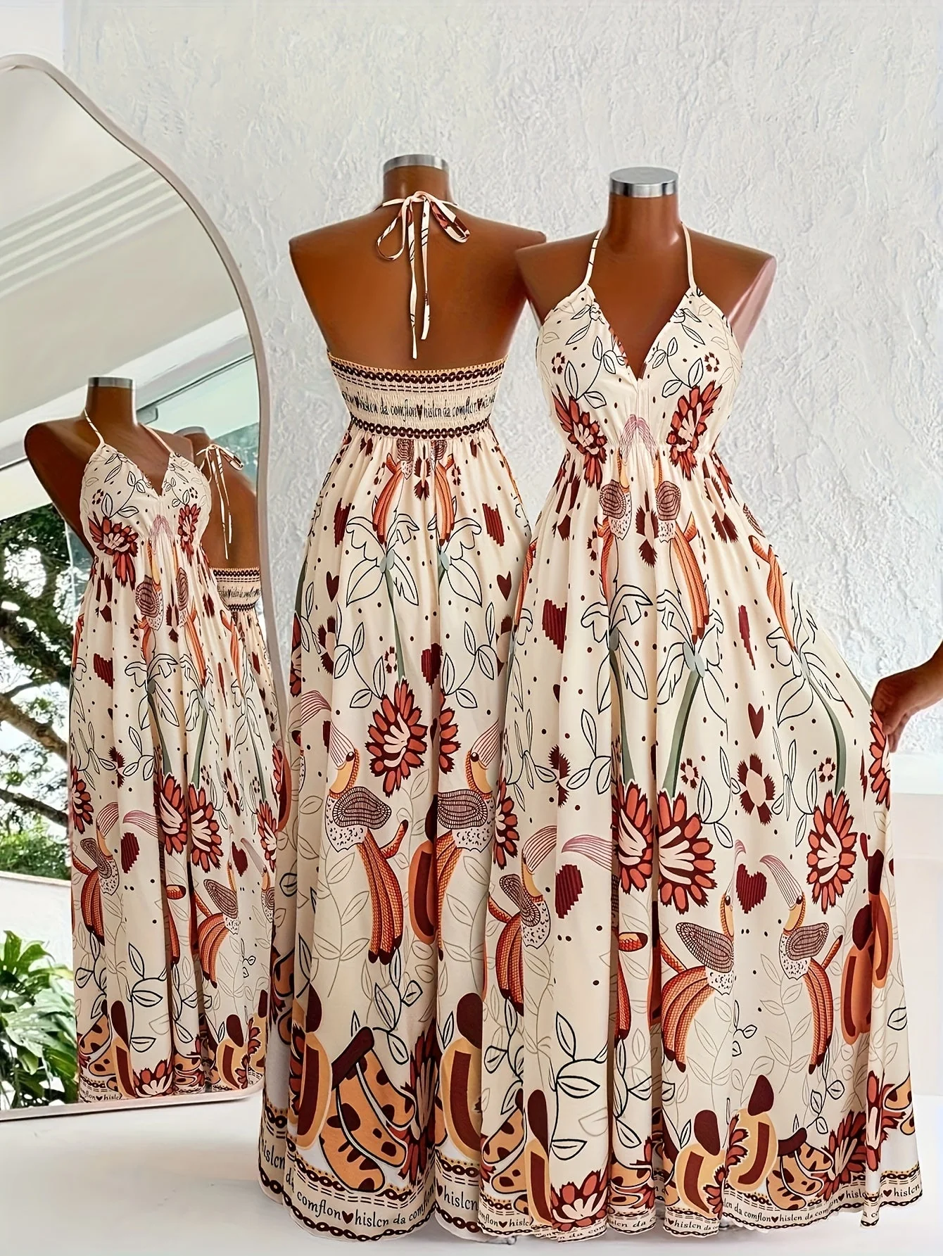 Damen Maxikleid Boho-Style mit Halterneck und Blumenmuster – Perfekt für Urlaub & Sommerfeste - Image 3
