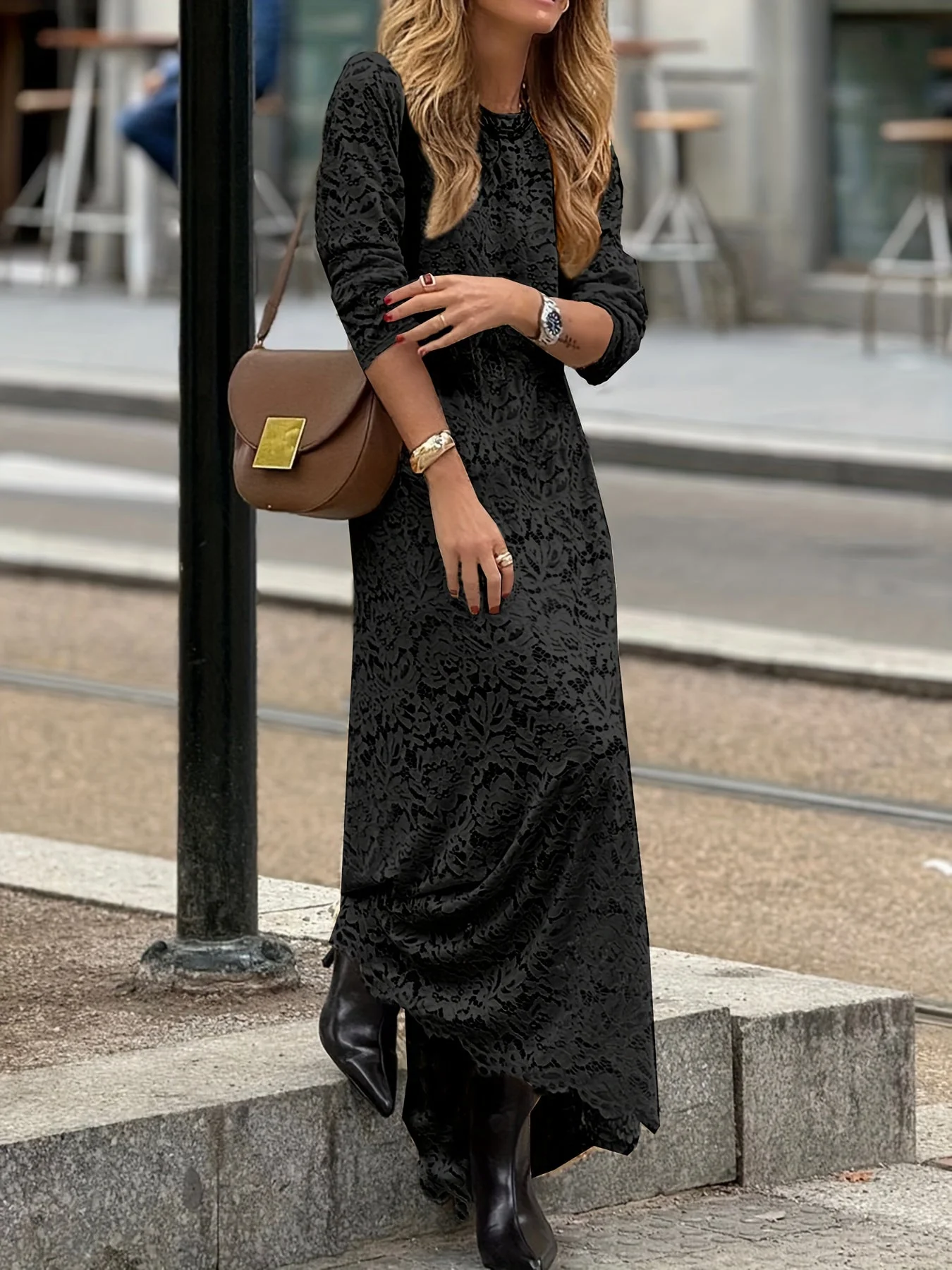 Damen Maxikleid Elegant mit Langarm und Strukturmuster – Perfekt für Alltag und besondere Anlässe